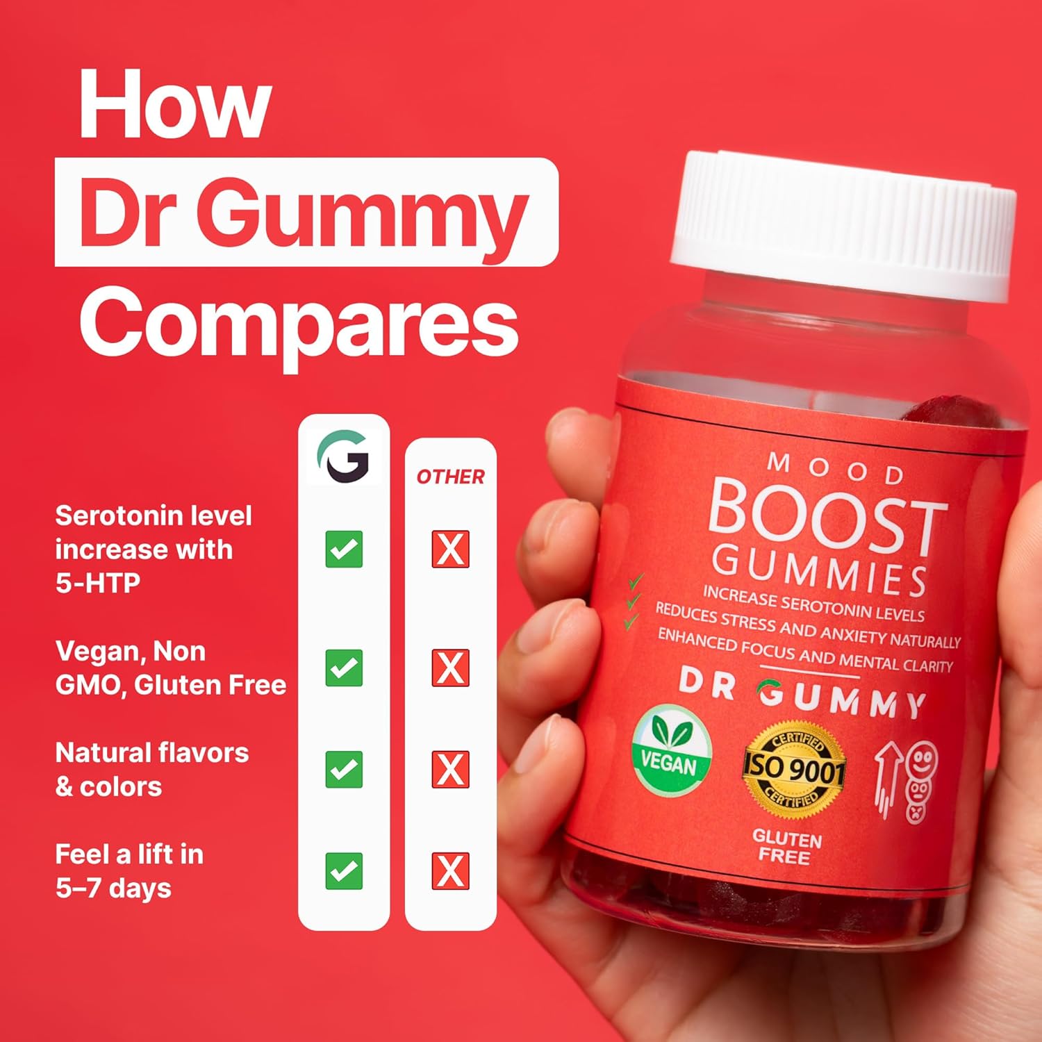 Mood Boost Gummies with 5-HTP, Ashwagandha, Magnesium Glycinate & L-Theanine – 60 Count – Stress Relief & Calm Chewables for Adults – Natural Mood Support Supplement for Relaxation Balance