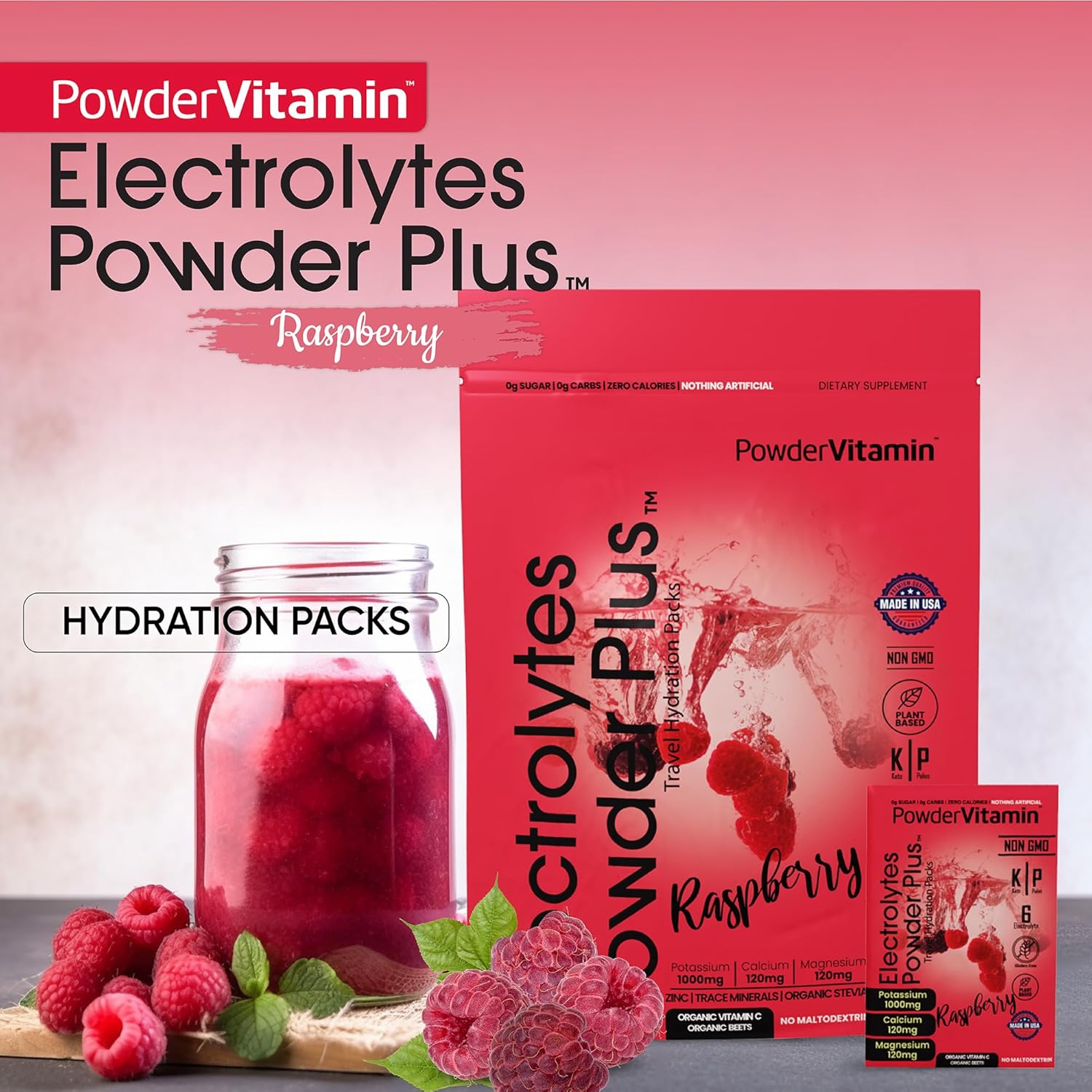PowerVitamin Electrolytes Powder Packets - Raspberry - Keto Electrolytes for Daily Energy - Hydration Powder with 1000mg Potassium, 120mg Magnesium, Zero Calories - 30 Hydration Packets