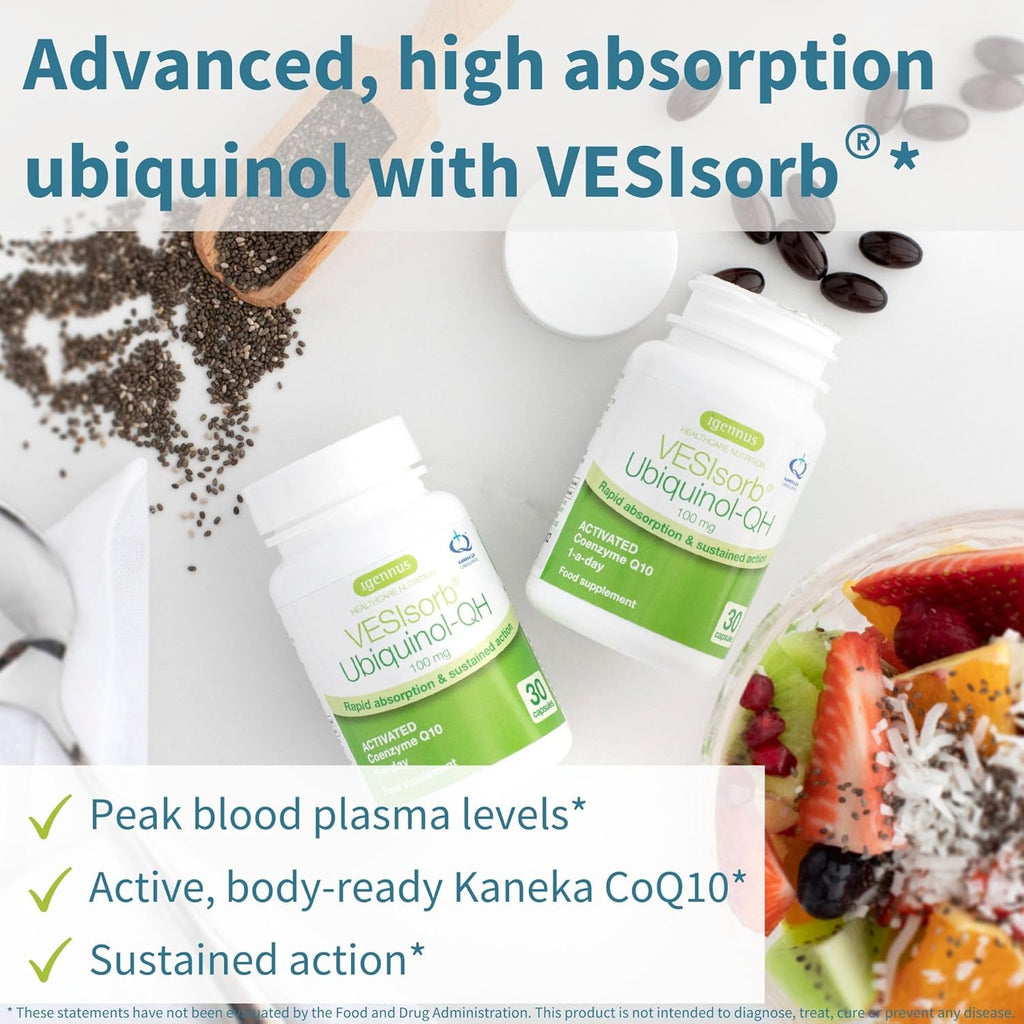 Igennus Advanced VESIsorb Ubiquinol 100mg 30 Softgels, 600% Bioavailability, Fast-Acting Water-Soluble Coenzyme Q10 Supplement for Energy & Heart, 1-Month Supply