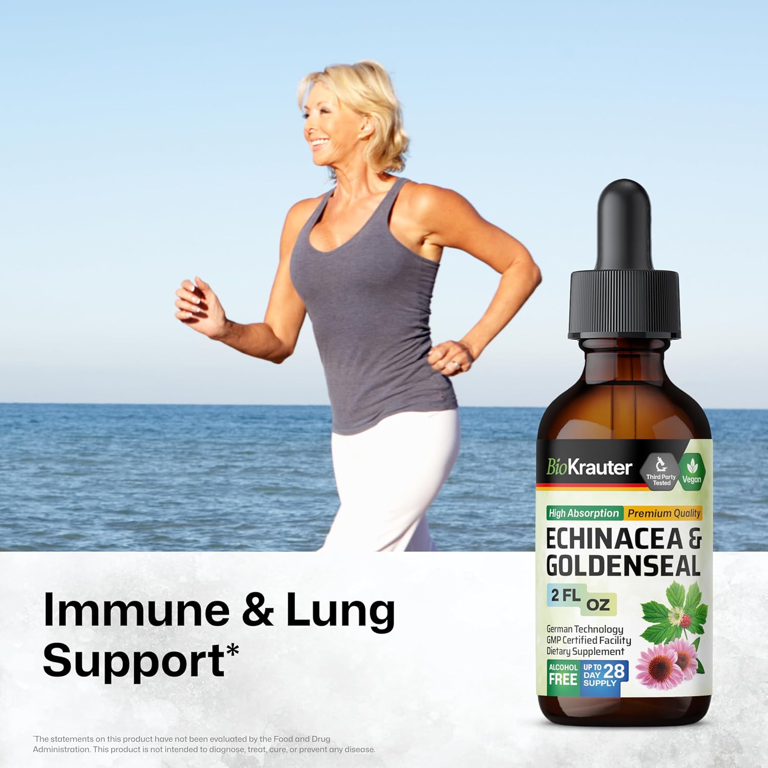 BIO KRAUTER Echinacea and Goldenseal Root Liquid Extract - Natural Immune Support - Echinacea Drops with Goldenseal - Vegan, Alcohol & Sugar Free Tincture - 2 Fl.Oz.