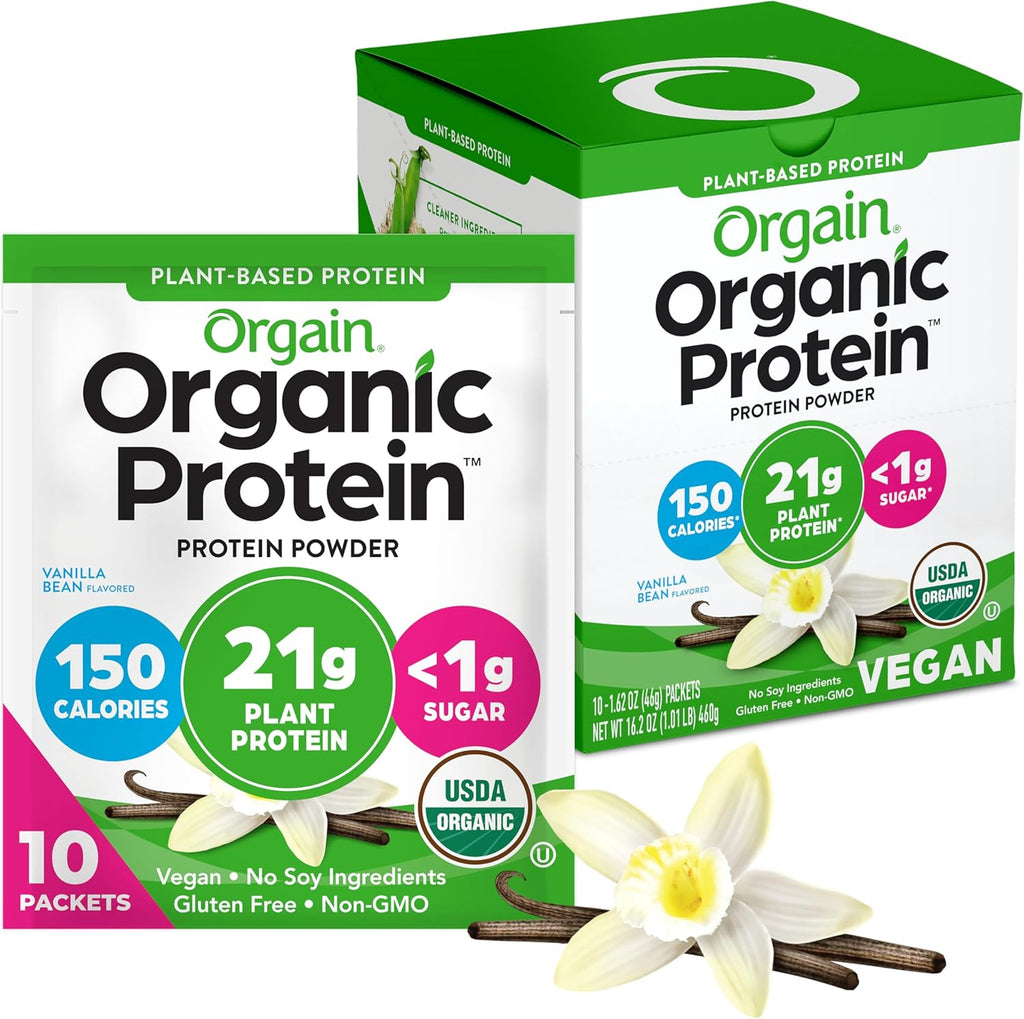 Orgain Organic Vegan Protein Powder, Vanilla Bean - 21g Plant Protein, 5g Prebiotic Fiber, Low Carb, No Lactose Ingredients, No Added Sugar, Non-GMO, For Shakes & Smoothies, 10 Travel Packs