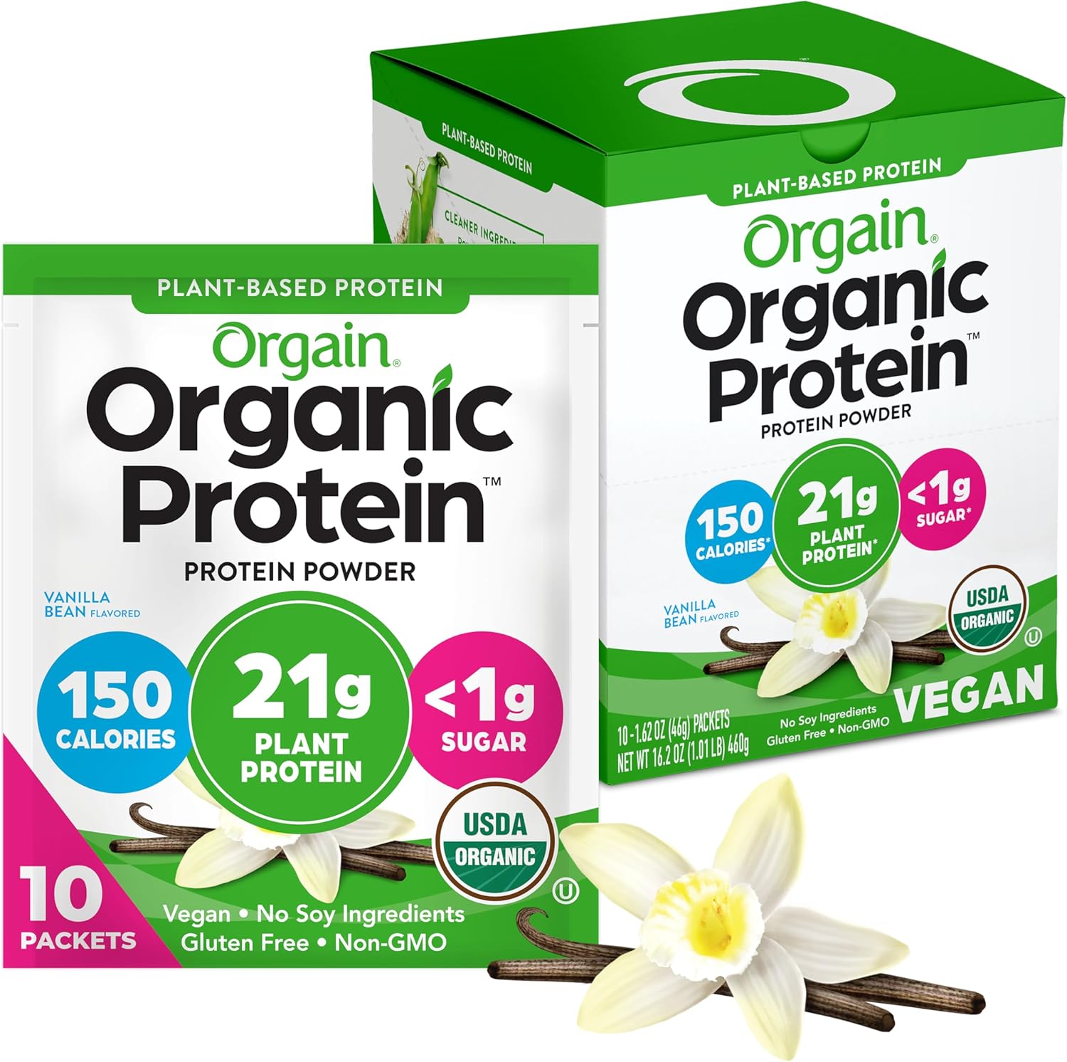 Orgain Organic Vegan Protein Powder, Vanilla Bean - 21g Plant Protein, 5g Prebiotic Fiber, Low Carb, No Lactose Ingredients, No Added Sugar, Non-GMO, For Shakes & Smoothies, 10 Travel Packs