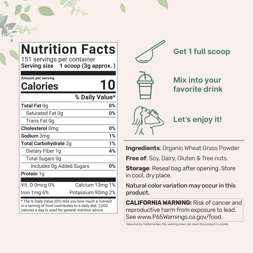 Micro Ingredients Sustainably US Grown, Organic Wheat Grass Powder (100% Whole-Leaf), 16 Ounce, Rich in Immune Vitamins, Fibers and Minerals, Support Digestion Function, Vegan Friendly