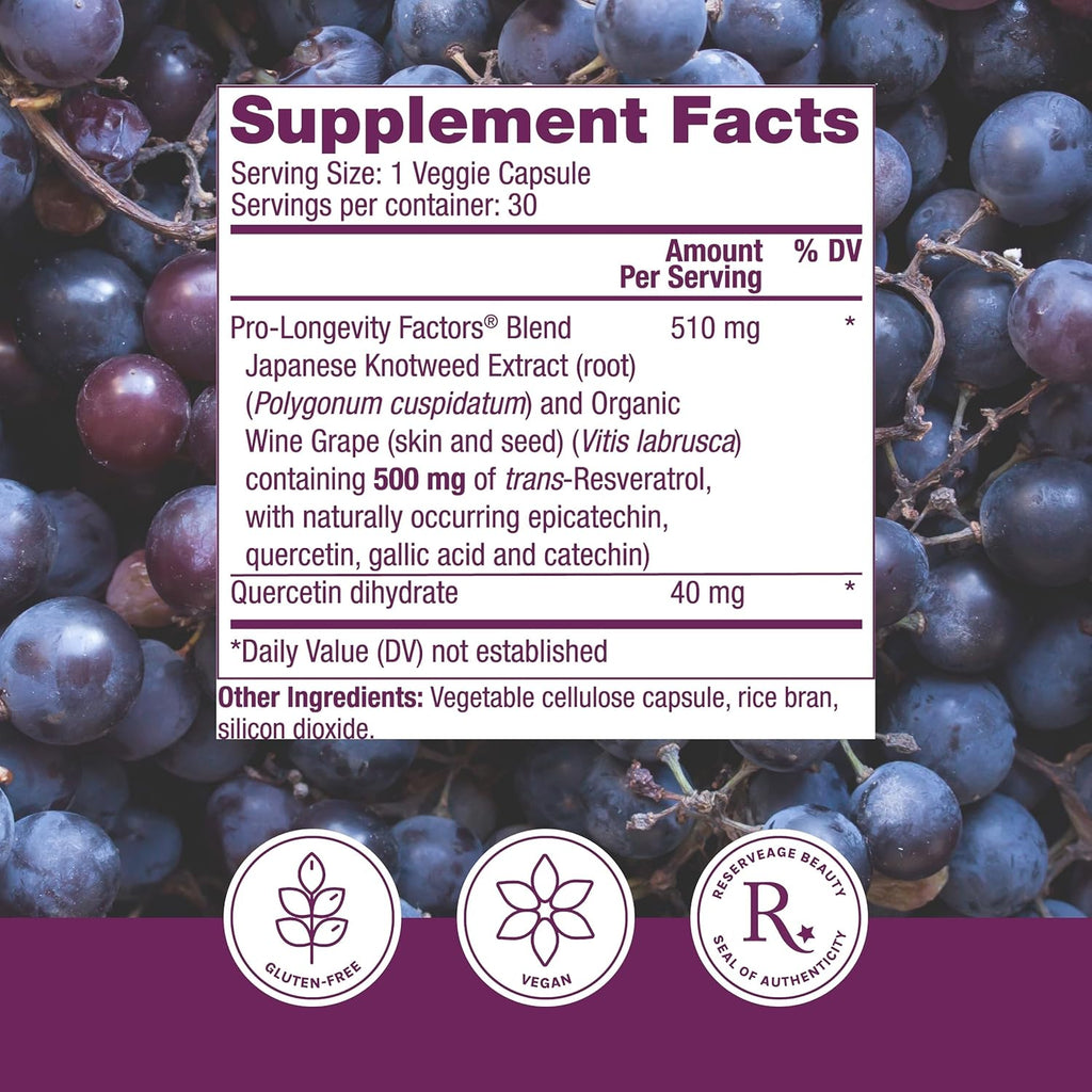 Reserveage Beauty, Resveratrol 500 mg, Antioxidant Supplement for Heart and Cellular Health, Supports Healthy Aging and Immune System, Paleo, Keto, 30 Capsules