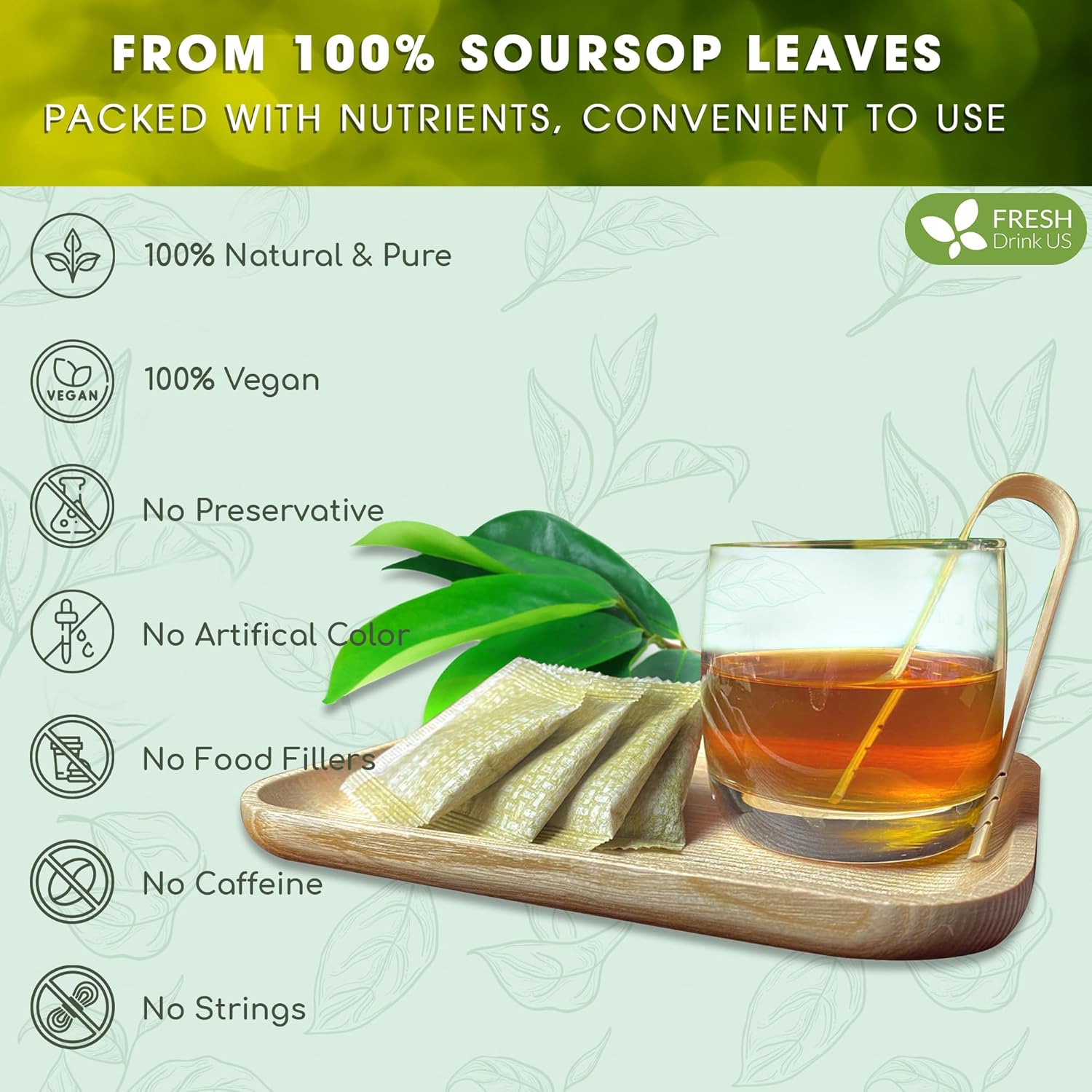 FreshDrinkUS, Premium 33 Soursop Graviola Leaf Tea Bags, 100% Natural & Pure from Soursop Leaves, Hoja Guanabana Herbal Tea. Made with Natural Material Tea Bags. No Sugar, No Caffeine, Vegan.