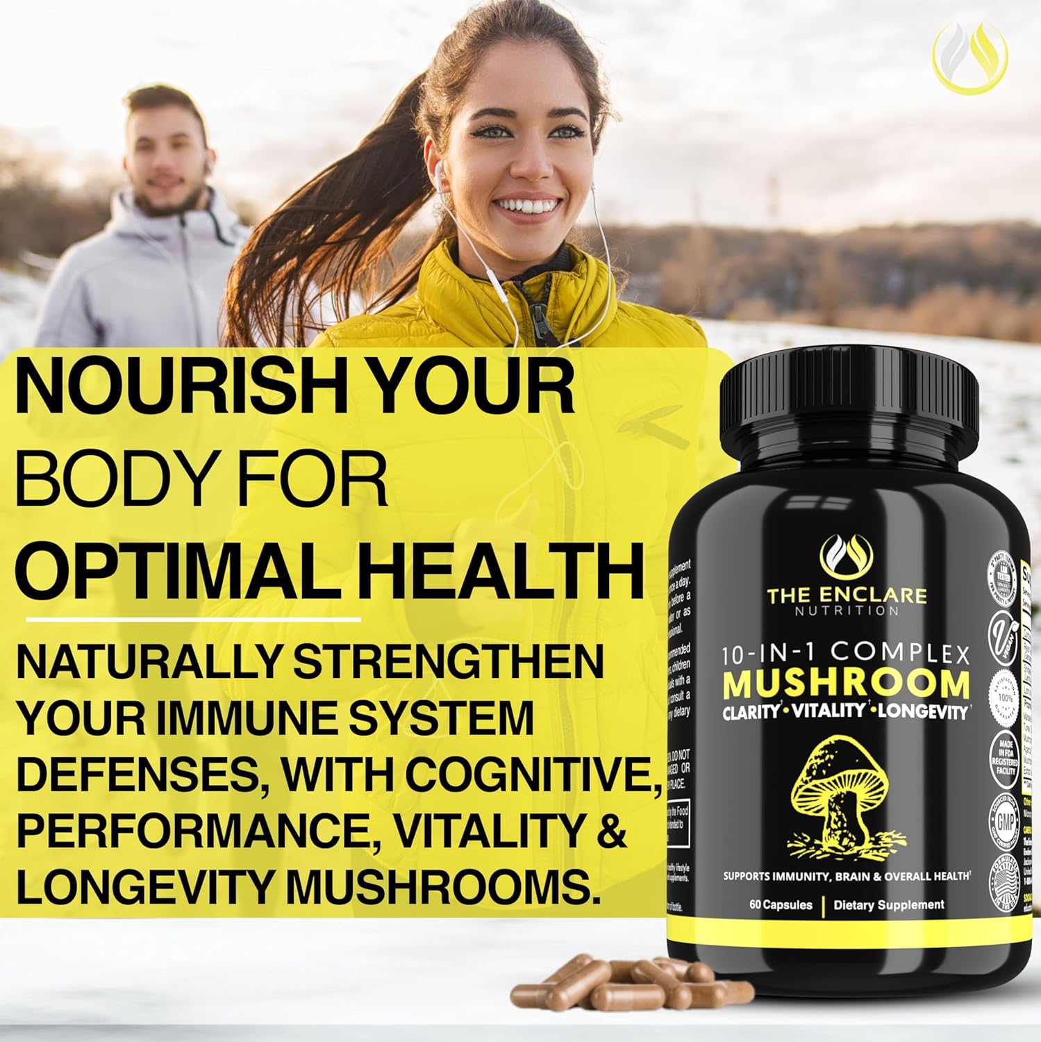 THE ENCLARE NUTRITION Mushroom Supplement 10in1 Complex Immune Support Lions Mane, Reishi, Turkey Tail, Cordyceps, Chaga, Maitake, Shiitake, Agaricus: Nootropic Brain, Energy Booster (1)