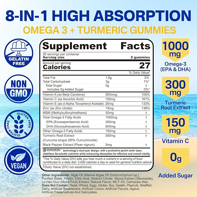 Vegan Omega-3 Gummies 1000mg + Turmeric - Omega 3 Fish Oil Alternative for Adults - Algae DHA 600mg & EPA 300mg, Vitamins A, C, E, Zinc & MSM, Sugar Free, 120 Cts