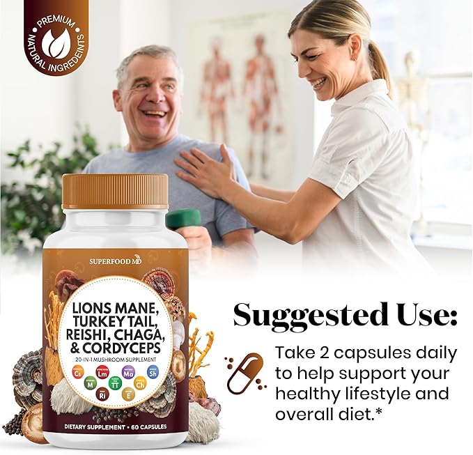 Superfood MD Lions Mane Mushroom Supplement with Turkey Tail Reishi Cordyceps Chaga with Marshmallow Root - 120 Count