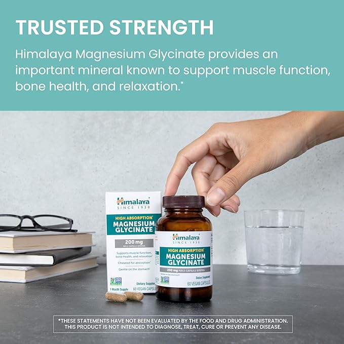 Himalaya Magnesium Glycinate, 60 Vegan Capsules, High Absorption Dietary Supplement for Muscle Function, Bone Health, and Relaxation, Chelated, Non-GMO, Gluten-Free, 200mg per 2 Capsule Serving