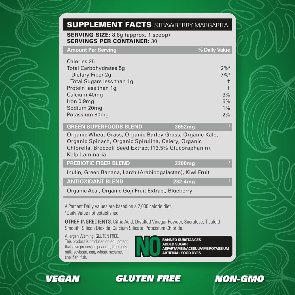 EHP Labs OxyGreens Super Greens Powder - Spirulina & Chlorella Superfood, Green Juice Powder & Greens Supplements with Prebiotic Fibre, Antioxidants & Immunity Support, 30 Serves (Strawb. Margarita)
