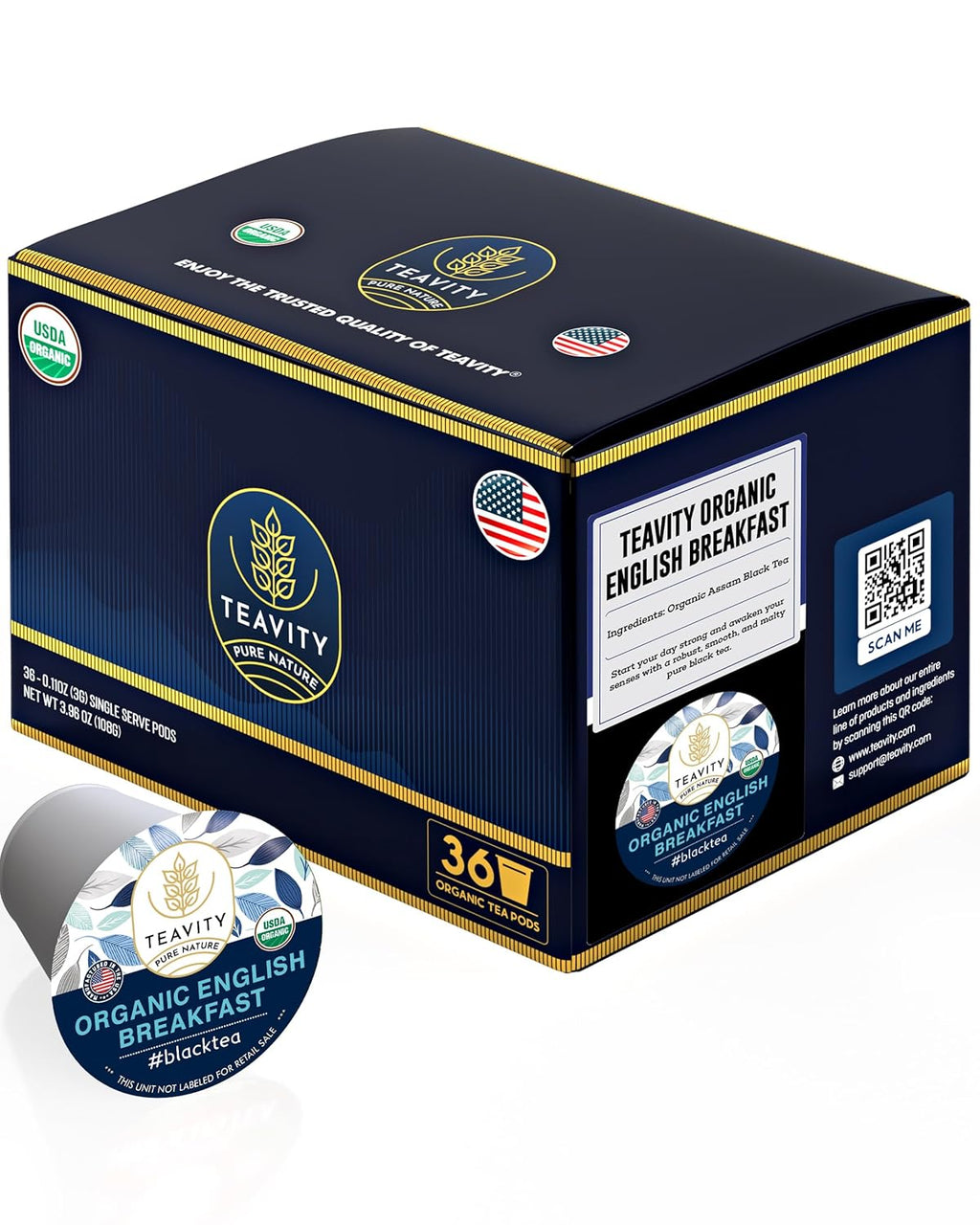 Organic English Breakfast Tea Pods for Keurig - Naturally Caffeinated Unsweetened Black Tea Pods by Teavity (36 Tea Pods)