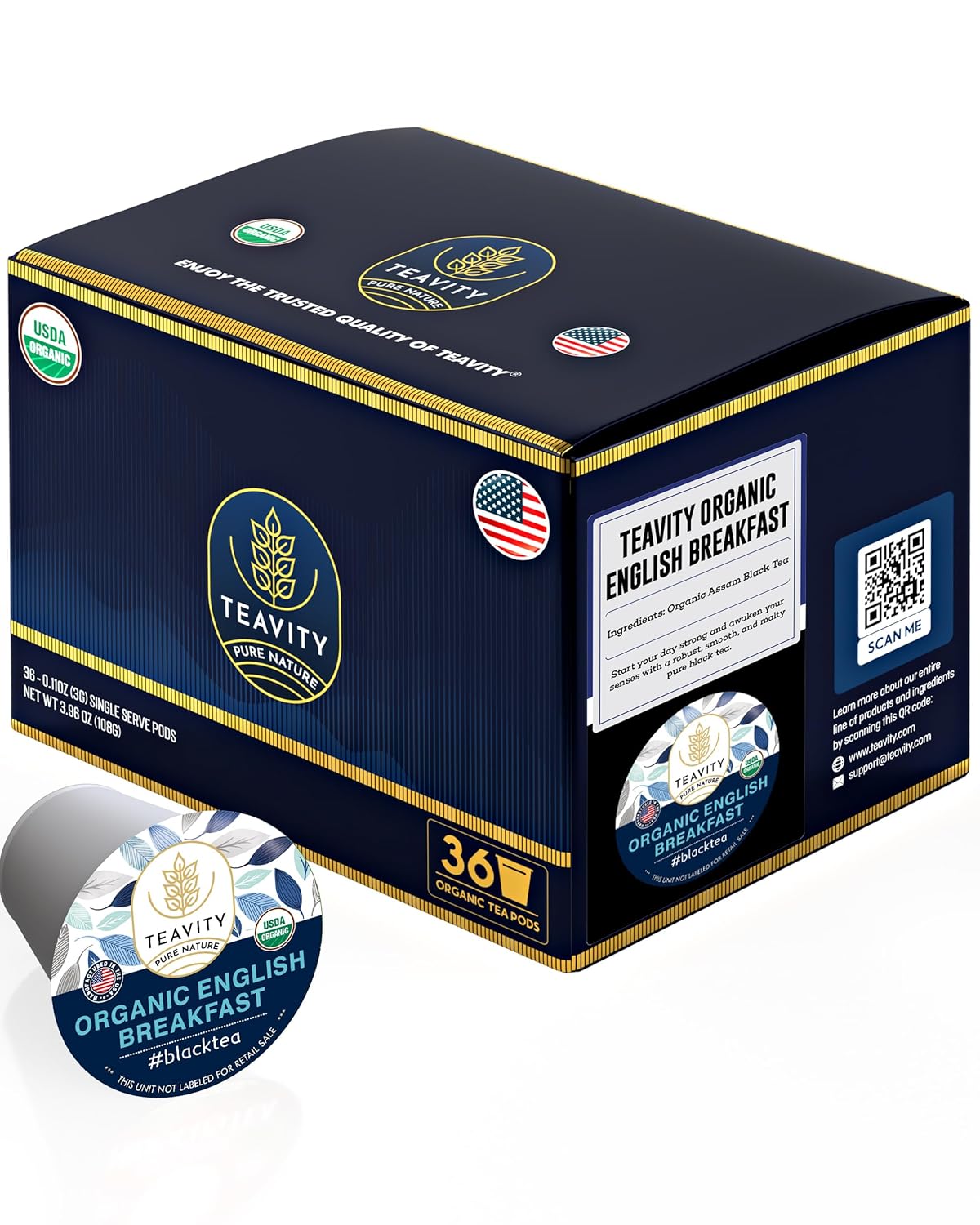 Organic English Breakfast Tea Pods for Keurig - Naturally Caffeinated Unsweetened Black Tea Pods by Teavity (36 Tea Pods)
