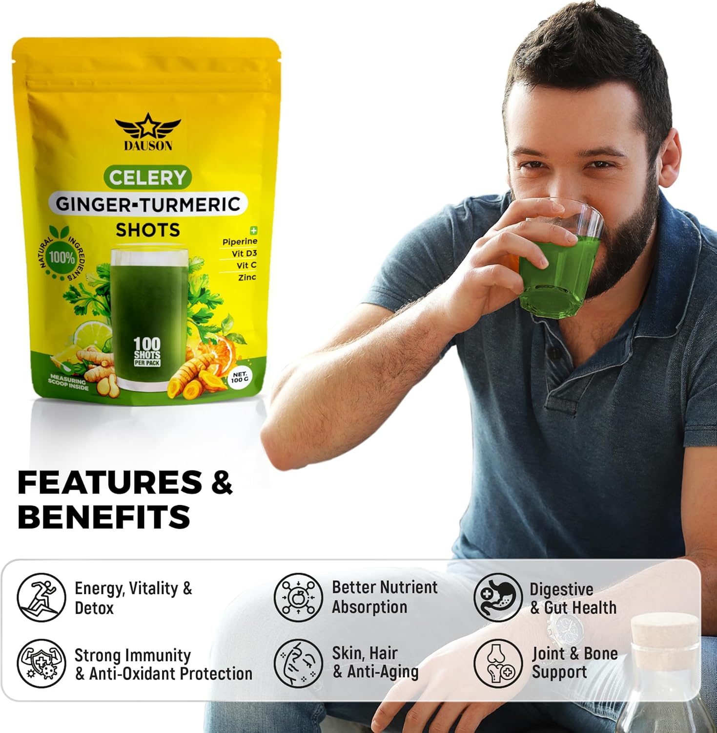Celery Ginger Turmeric Shots – 100 Shots - Detox & Bloat Support Drink Powder with Inulin, Lemon, Pineapple, Vitamin C, D3 & Zinc – Daily Wellness Shot