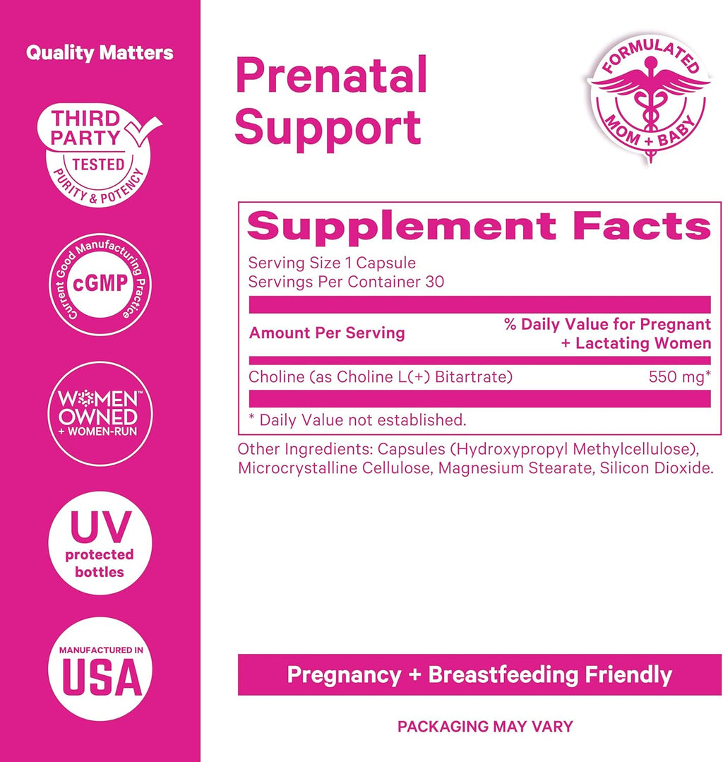 Pink Stork Choline - 550 mg Choline Bitartrate from VitaCholine for Pregnant + Postpartum Moms - Prenatal Vitamin for Fetal Cognitive Health + Breast Milk Quality - 1 Capsule Daily, 30 Count