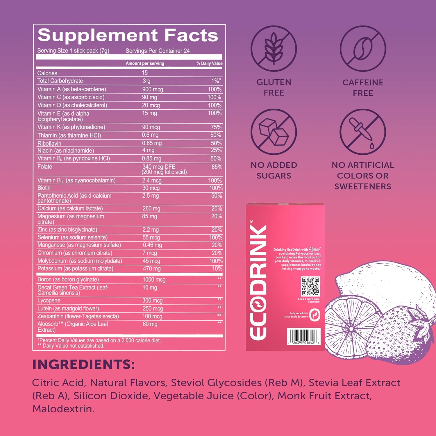 Lily of The Desert EcoDrink Nutrient Support Hydration Packets, Strawberry Lemonade – Naturally Sweetened Multivitamin Electrolyte Mix with Aloe, 24 Stick Packs/Box, 0.25 Oz Ea
