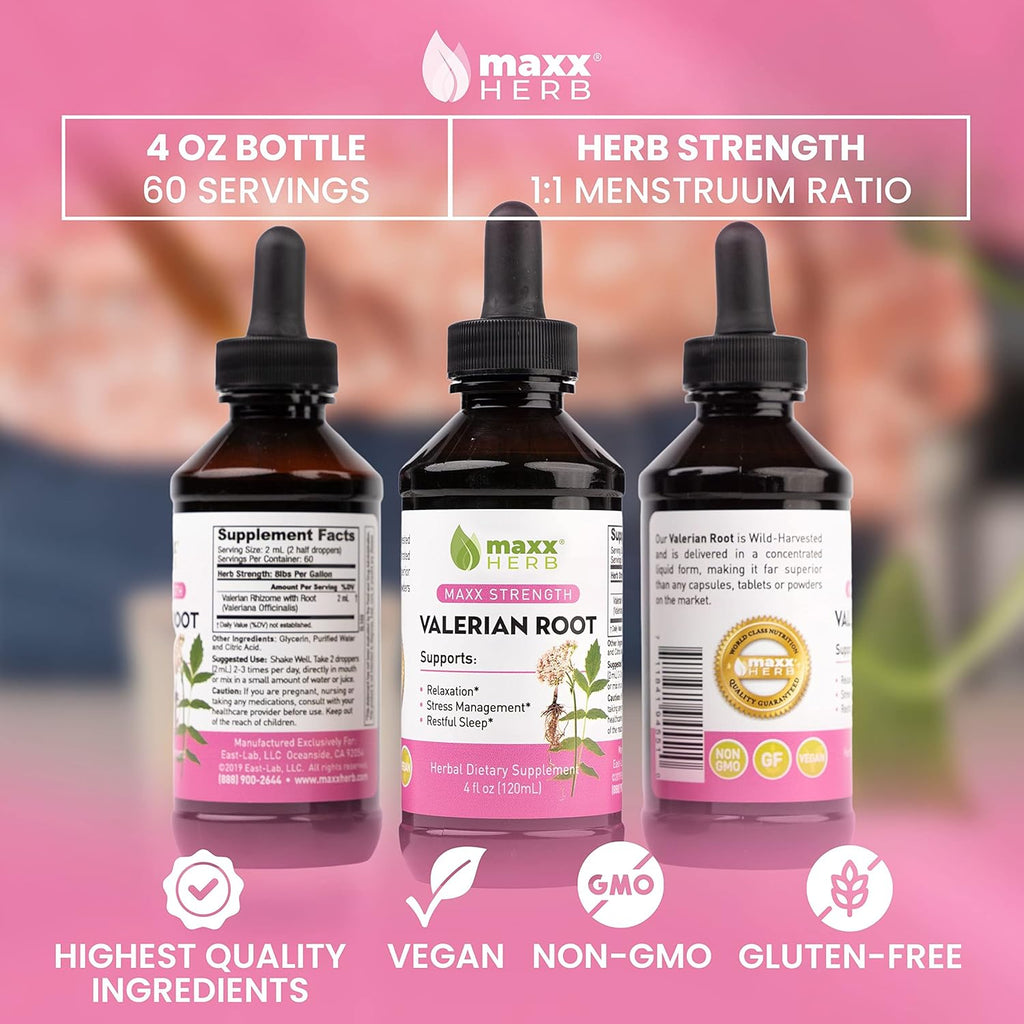 Maxx Herb Valerian Root Extract - Max Strength, Liquid Valerian Root Absorbs Better Than Capsules, for Relaxation and Restful Sleep, Alcohol-Free - 4 Bottles, 4 Oz Each (240 Servings)