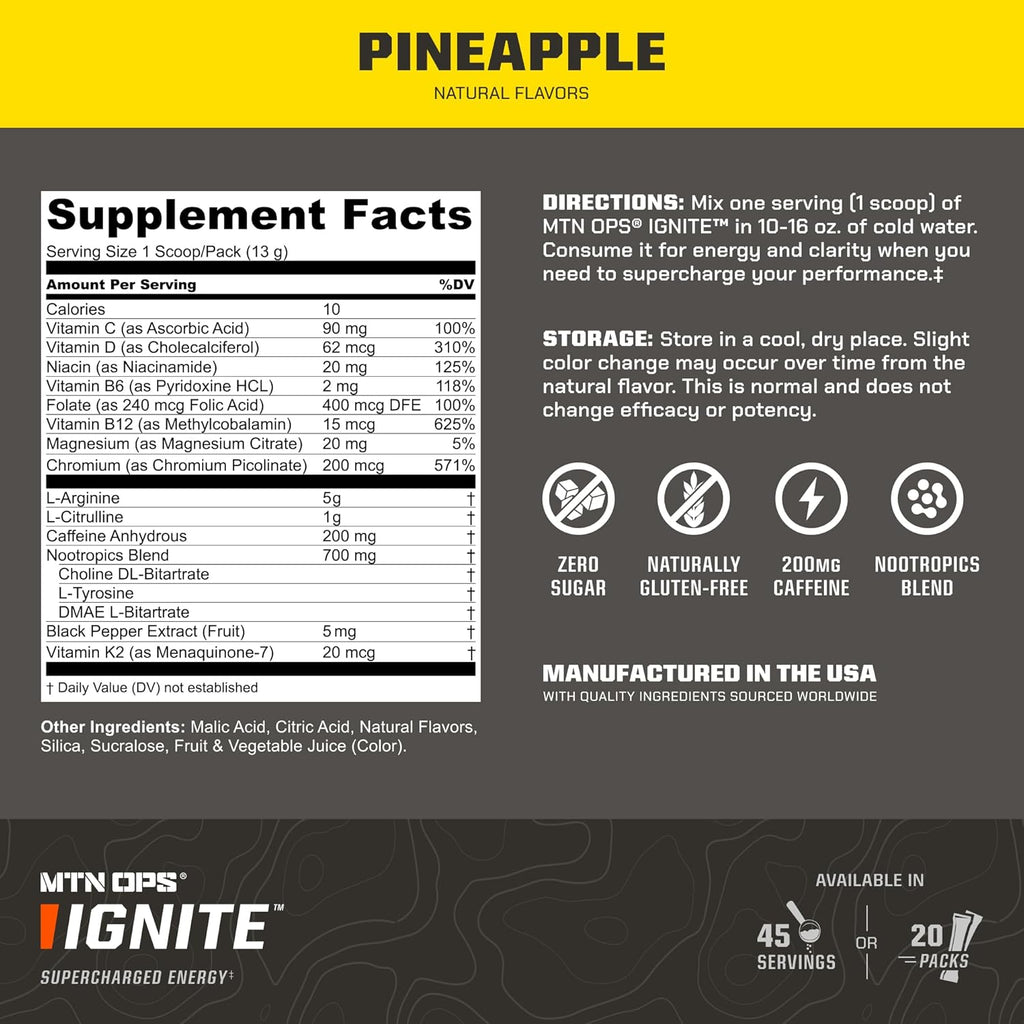 MTN OPS Ignite Energy Drink Powder, Gluten Free Nootropic Supplement Drink Mix, L Arginine, L Citrulline, Caffeine & Nootropic Sugar Free Drink Mix, 45 Servings, Pineapple Crush