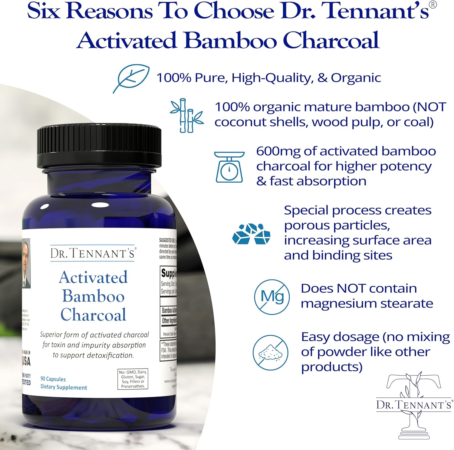 Dr. Tennant's Activated Bamboo Charcoal | Coconut-Free Detox Supplement | Supports GI Tract Cleansing & Digestive Health | Cleaner Alternative to Standard Charcoals | 90 Capsules