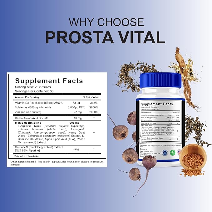 BLUE VIBE Prosta Vital Premium Health & Wellness Multivitamin Supplement, ProstaVital Maximum Strength Daily Overall Health Management Support Supplement Formula (1 Pack - 60 Capsules)
