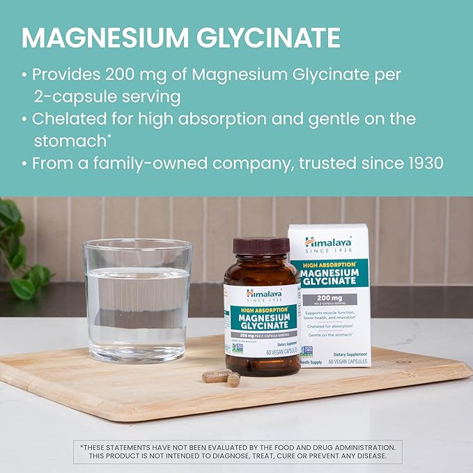 Himalaya Magnesium Glycinate, 60 Vegan Capsules, High Absorption Dietary Supplement for Muscle Function, Bone Health, and Relaxation, Chelated, Non-GMO, Gluten-Free, 200mg per 2 Capsule Serving