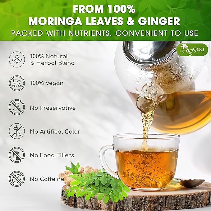 TOG999, Permium Moringa Ginger Herbal Tea – 60 Tea Bags – Caffeine-Free, Smooth & Warming Blend – Pure Ingredients, Sustainably Sourced. No Sugar. No Gluten. Vegan.