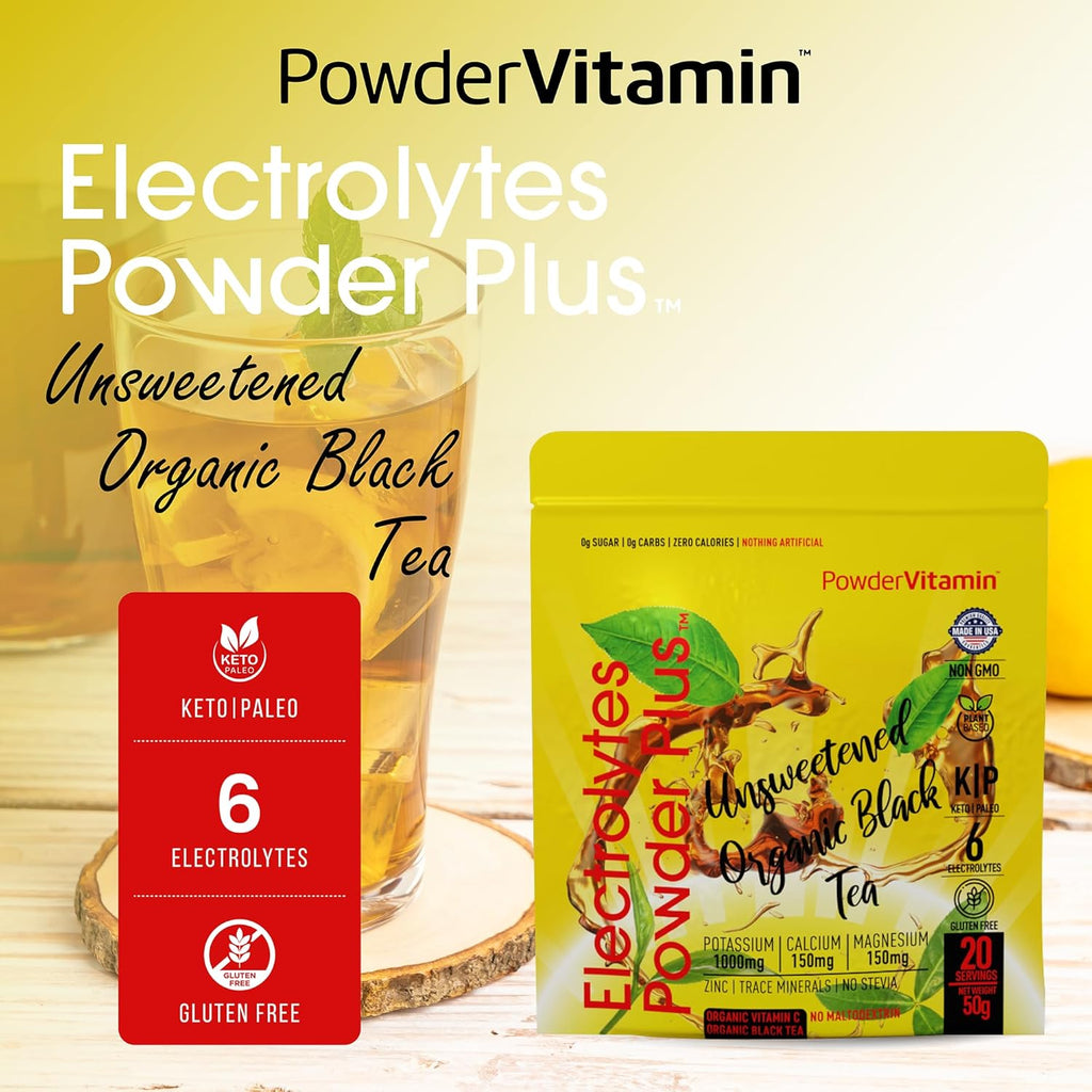 PowderVitamin Electrolytes Powder Plus (20 Servings) Unsweetened Black Tea Electrolyte Powder Keto,SugarFree, Pink Himalayan Salt,1000mgPotassium,150mgCalcium,150mgMagnesium,Hydration Powder NO STEVIA