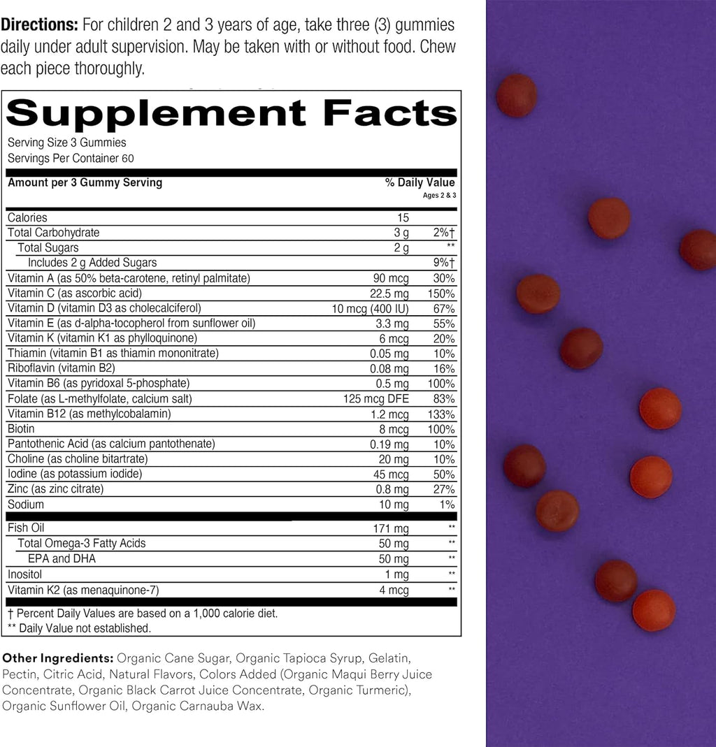 SmartyPants Toddler Multivitamin Gummies: Omega 3 Fish Oil (EPA/DHA), Vitamin D3, C, Vitamin B12, B6, A, K & Zinc, Biotin, Beta Carotene, Gluten Free, Three Fruit Flavors, 180 Count (60 Day Supply)