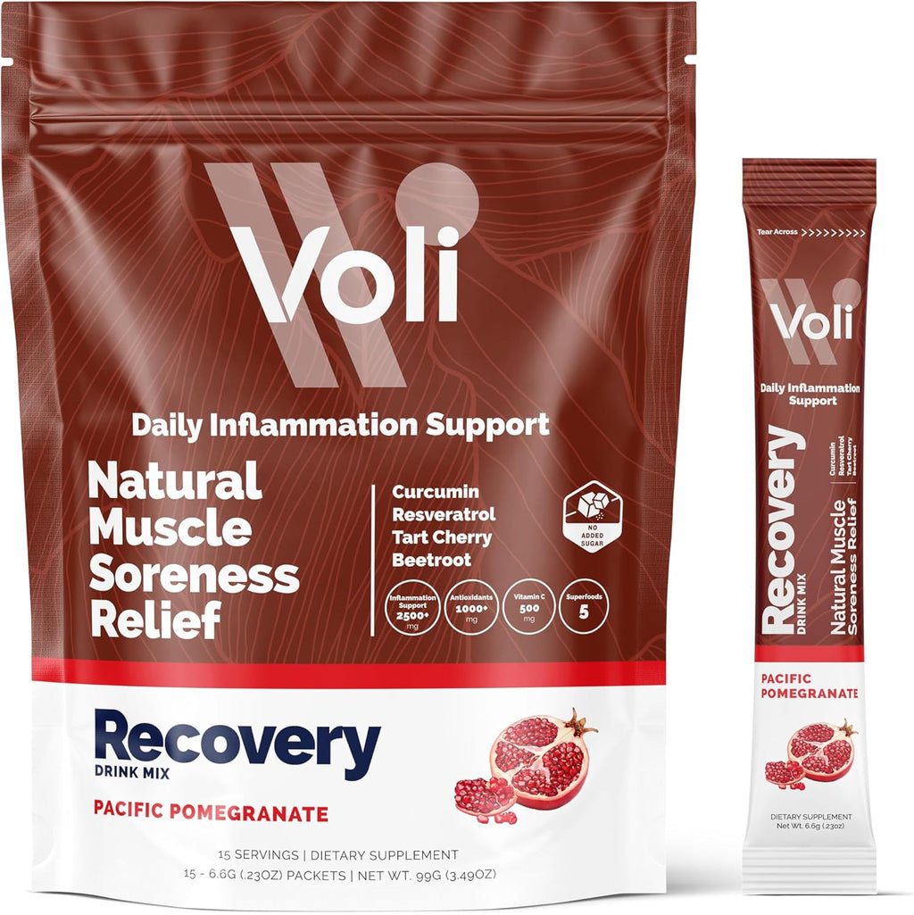 Voli Recovery - Post Workout Superfood Powder | Plant-Based Drink Mix Packets with Curcumin, Ginger & Vitamin C for Muscle Recovery & Immune Support, Inflammation & Leg Cramps Support, Vegan, 15 Count