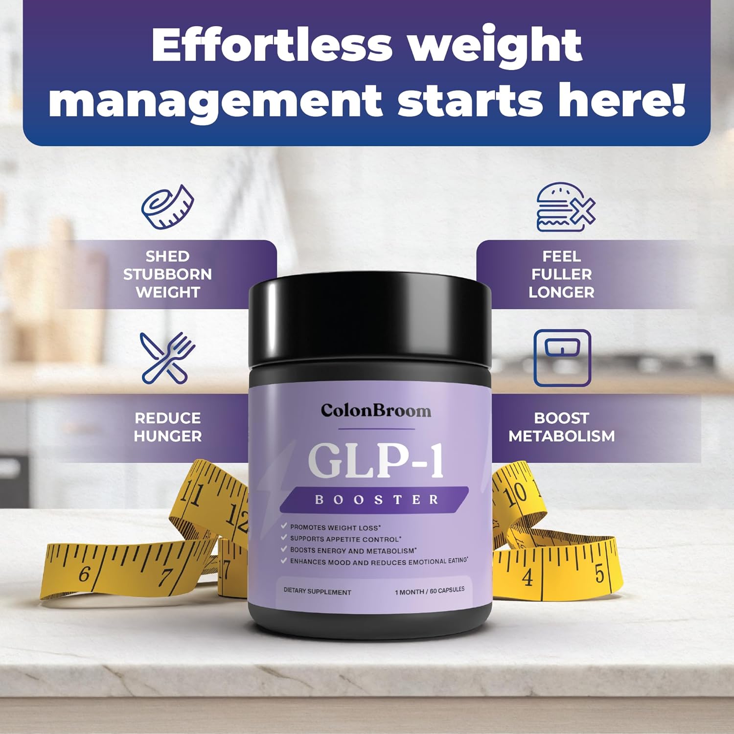 ColonBroom GLP-1 Weight Management Supplement for Women & Men - GLP1 Supports Gut Health, Metabolic Wellness & Appetite Regulation - Vegan, Gluten-Free Diet Fiber Capsules | 60 Count