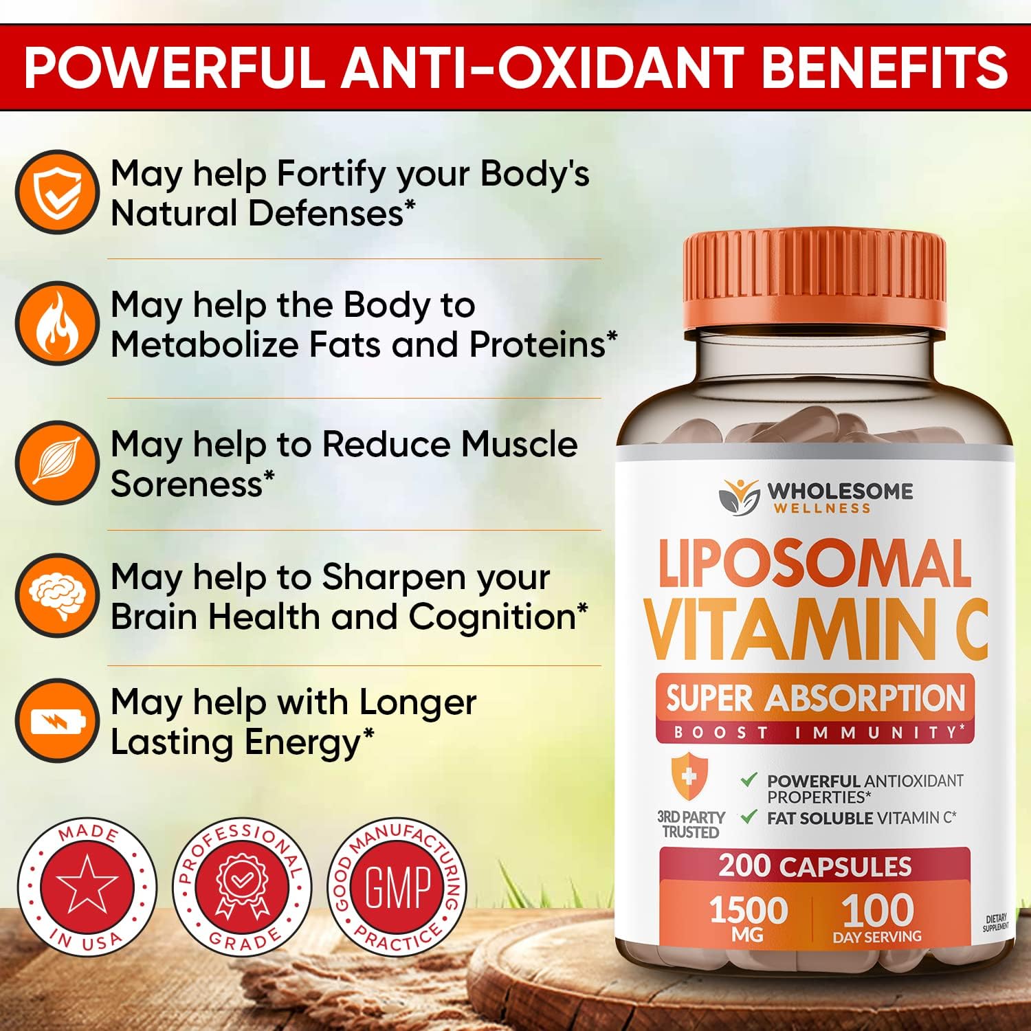 Wholesome Wellness Liposomal Vitamin C Capsules (200 Pills 1500mg Buffered) High Absorption, Immune System & Collagen Booster, High Dose Fat Soluble Immunity Support Ascorbic Acid, Natural Vegan