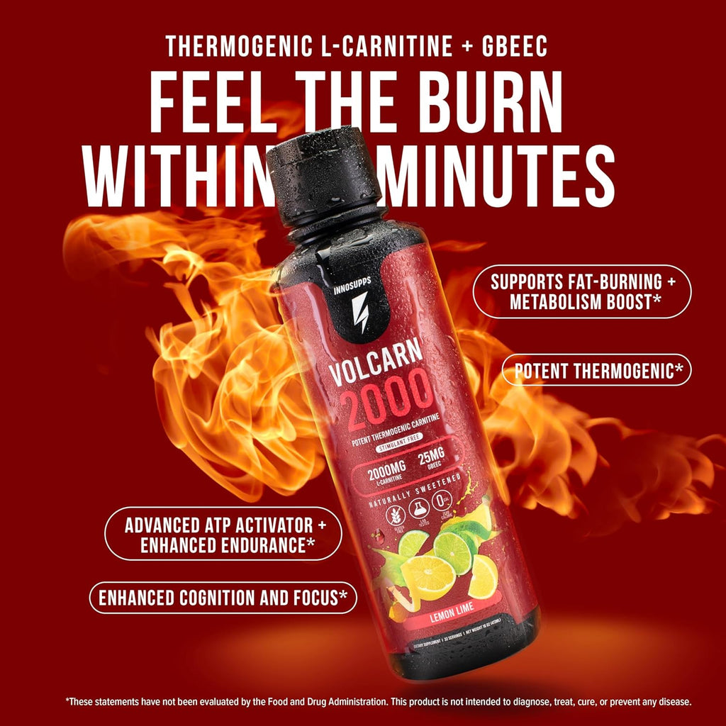 InnoSupps Volcarn 2000 - L-CARNITINE Advanced Energy Liquid | ATP Enhancer with GBEEC | Boosts Energy, Enhances Focus, Caffeine Free, No Artificial Sweeteners | 32 Servings (Lemon Lime)