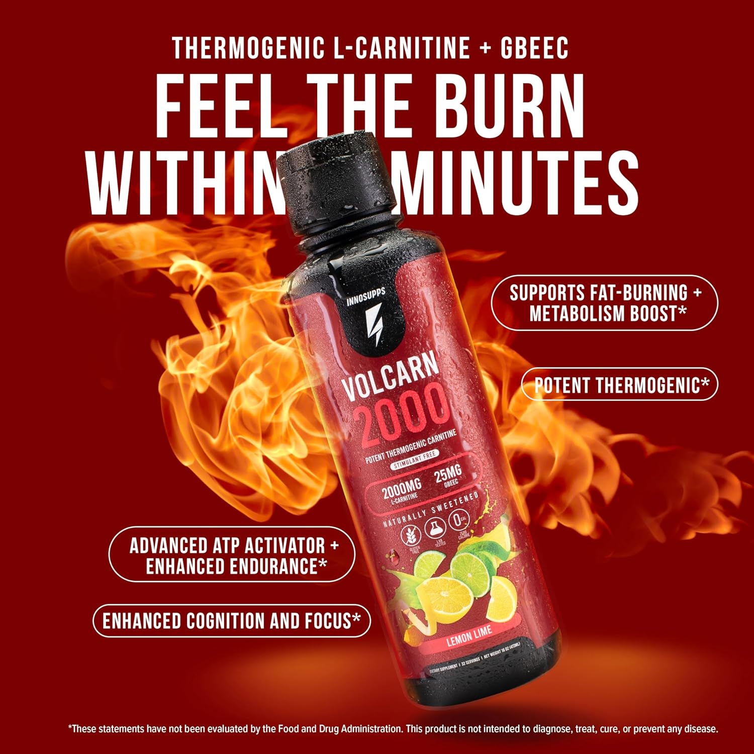 InnoSupps Volcarn 2000 - L-CARNITINE Advanced Energy Liquid | ATP Enhancer with GBEEC | Boosts Energy, Enhances Focus, Caffeine Free, No Artificial Sweeteners | 32 Servings (Lemon Lime)