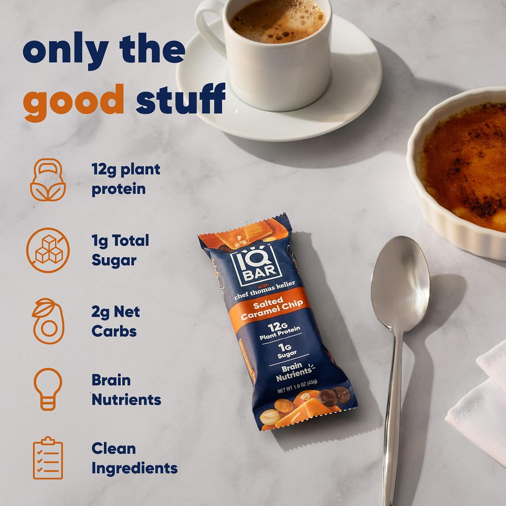 IQBAR x Chef Thomas Keller - Brain and Body Plant Protein Bars - Salted Caramel Chip - 12-Count, Low Carb, High Fiber, Gluten Free, Vegan Snacks - Low Sugar High Protein - Low Calorie Keto Energy Bars