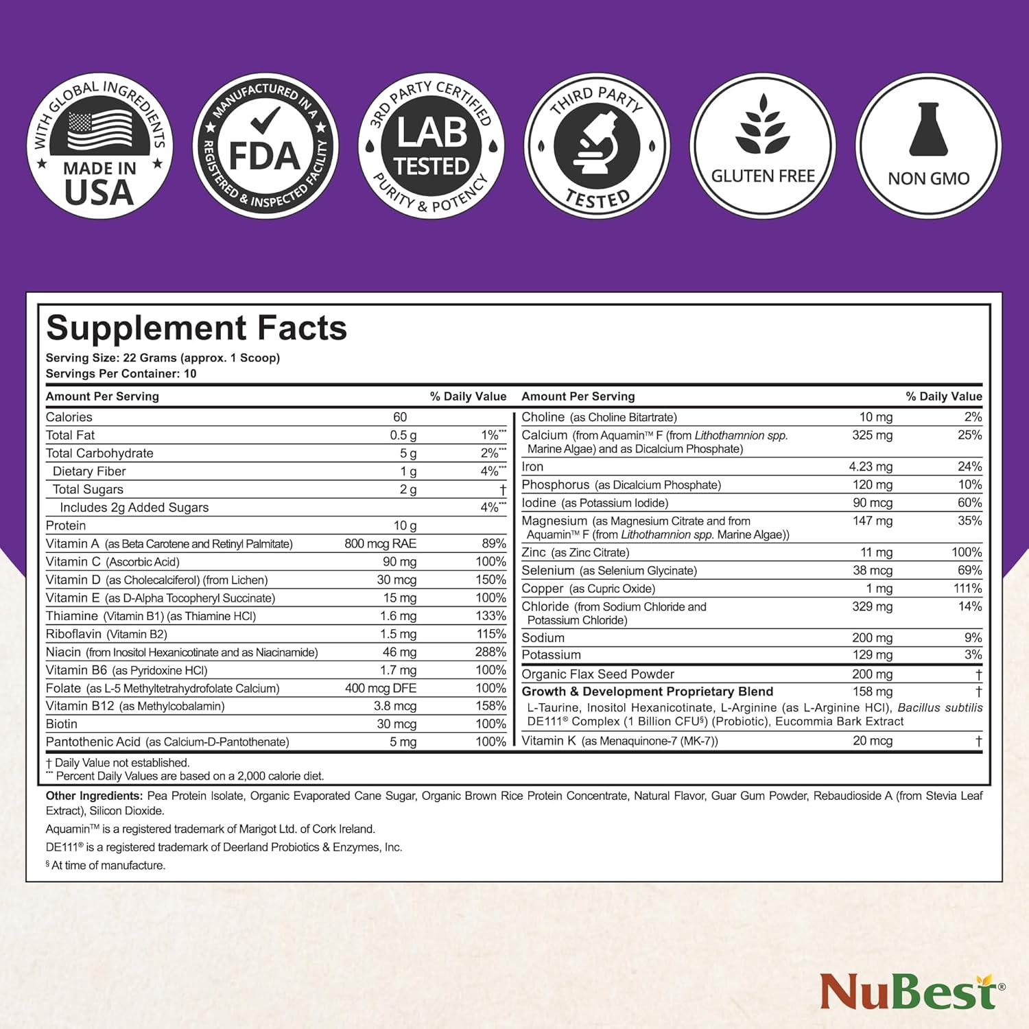 NuBest Tall Vanilla Plant-Based Protein Powder for Kids & Teens - Healthy & Immunity with Probiotics, Omega 3-6-9, Vitamin D3 + K2, Calcium & Vitamins - 10 Servings | 2 Week Supply