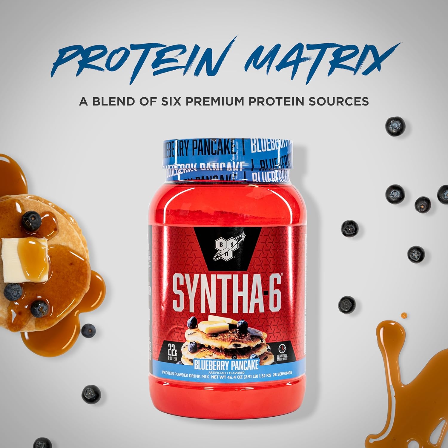 BSN SYNTHA-6 Premium Protein Powder with 6g of Fiber, Whey Protein, Micellar Casein, Milk Protein Isolate Blend, 5g Fat, Blueberry Pancake, 28 Servings (Packaging May Vary)