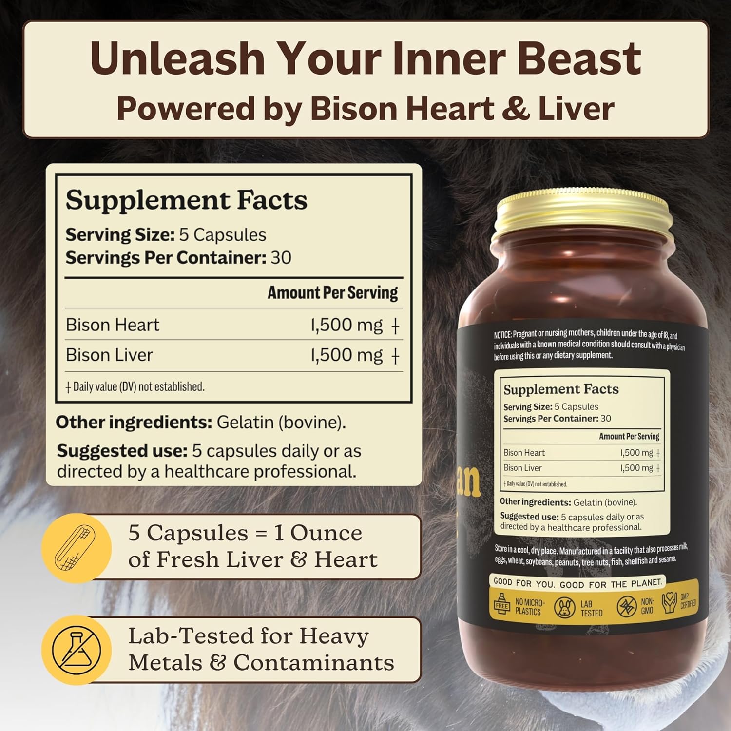 MK Supplements American Beast – Strength, Endurance & Recovery Support – 150 Capsules (30 Servings) – Freeze-Dried American Bison, 100% Grass-Fed, Bison Liver and Bison Heart, Whole-Food Formula