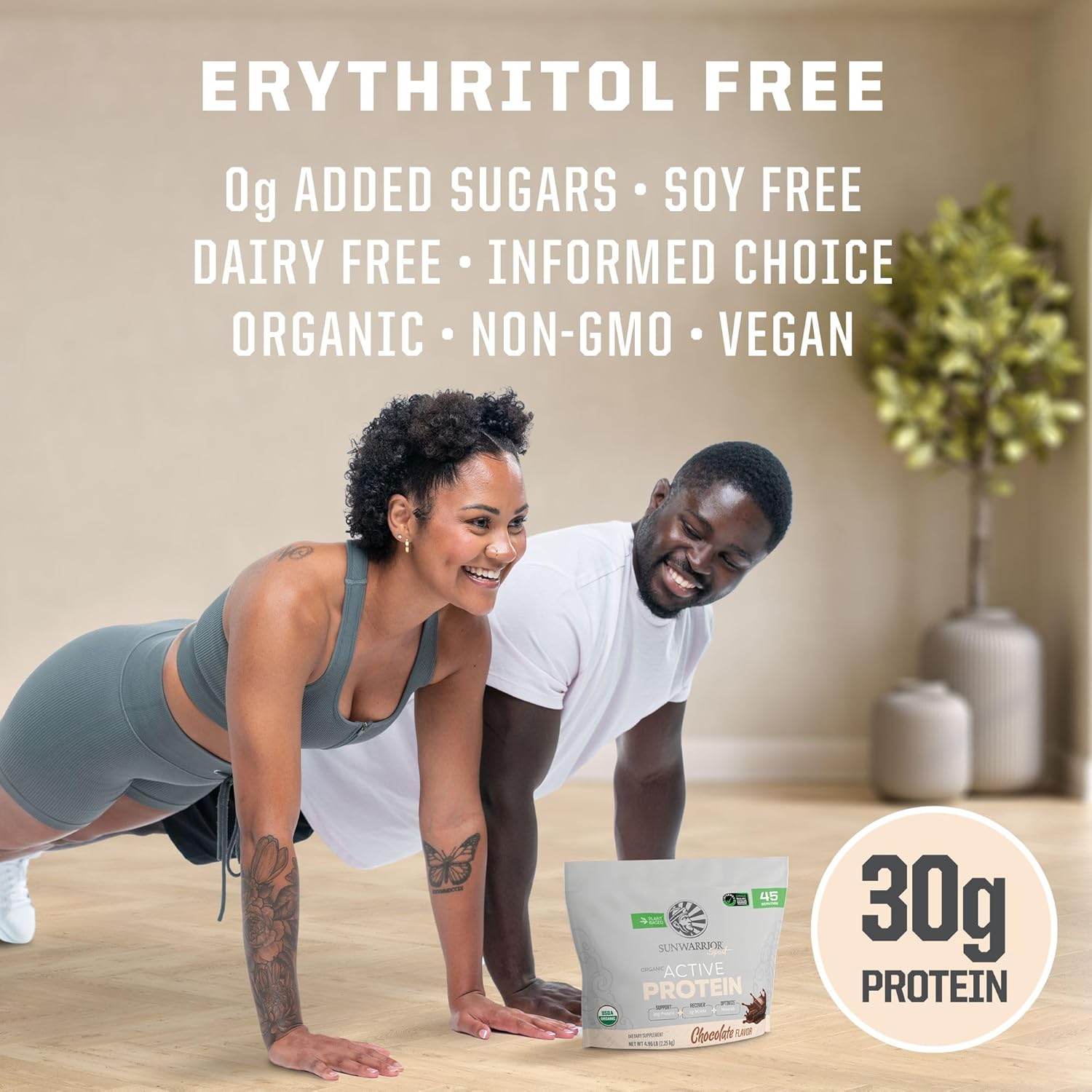 Sunwarrior Organic Plant Based Protein Powder | Vegan Organic Protein Powder with BCAA Amino Acids Plus Recovery Minerals & Botanicals | Non-GMO Soy Dairy & Gluten Free (Chocolate, 45 Servings)