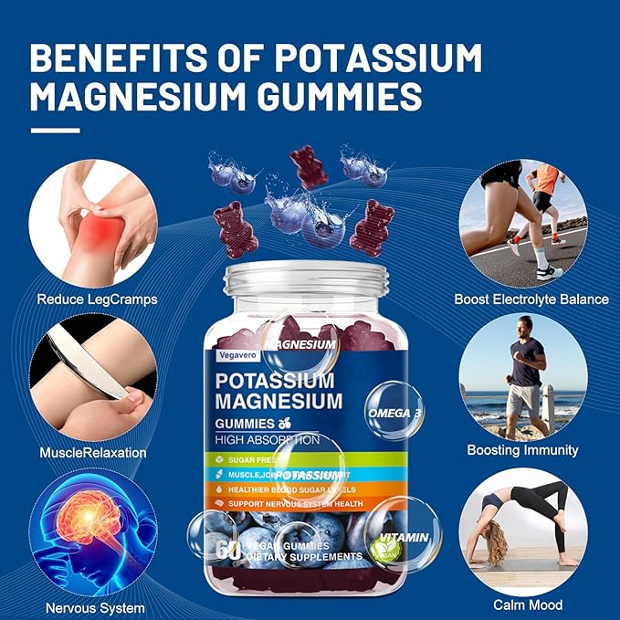 Magnesium Potassium Supplement Gummies - High Absorption Calm Magnesium Glycinate & Potassium Citrate Plus Coenzyme Q10, DHA, D3, Mineral & Calcium for Zzz, Leg Cramps & Muscle - 60 Blueberry Gummies