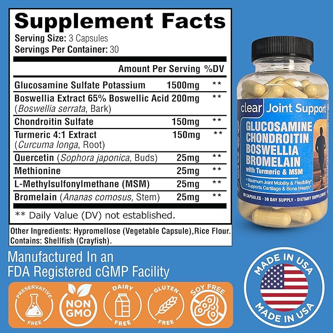 Glucosamine Sulfate 1500mg Chondroitin & MSM Joint Support - 8-in-1 Formula with Turmeric & Boswellia - Easy-to-Swallow Capsules, Gentle on Stomach for Back, Knee & Hip Support - 90 Capsules