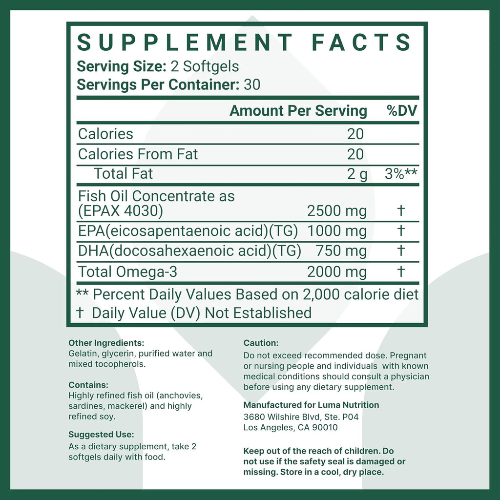 Luma Nutrition Omega 3 Fish Oil Supplement - Extra Strength 2500mg - 2000mg EPA & DHA - Brain and Heart Health - 60 Softgels