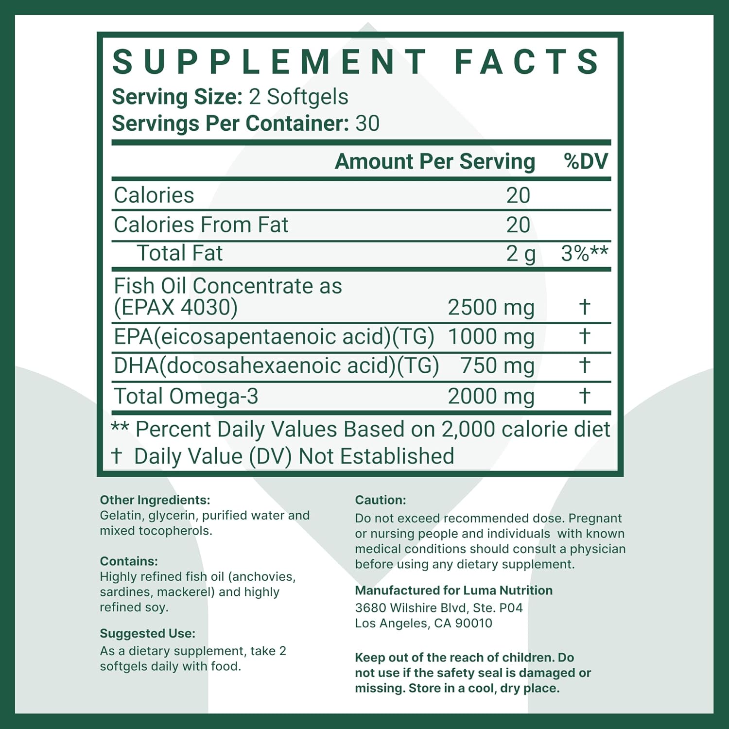 Luma Nutrition Omega 3 Fish Oil Supplement - Extra Strength 2500mg - 2000mg EPA & DHA - Brain and Heart Health - 60 Softgels