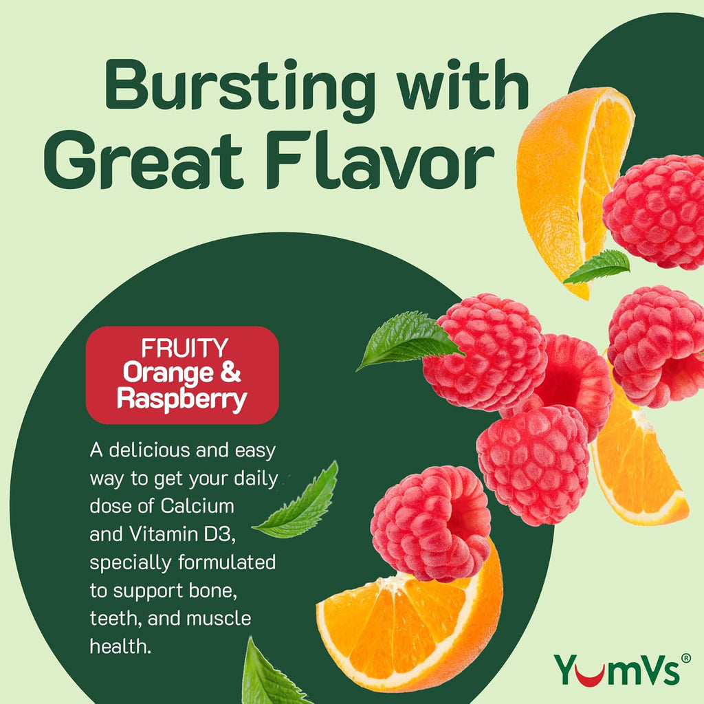 YumVs Calcium 500mg with Vitamin D3 - Raspberry & Orange Flavor Calcium Vitamin D Gummies, Chewable Calcium Supplement for Kids & Adults, Vitamin D Calcium Gummies (60 Count (Pack of 2))