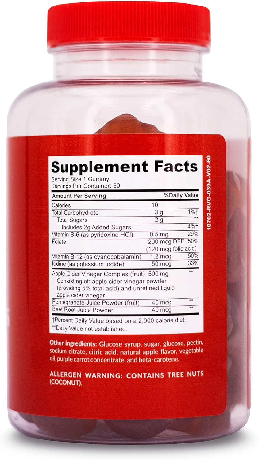 Apple Cider Vinegar Gummy Vitamins with The Mother, 1 Pack, 60 Count :: Metabolism Management, Immunity, Detox :: Vegan, Gluten-Free, Vitamin B6, B12, Pomegranate, Beet Root