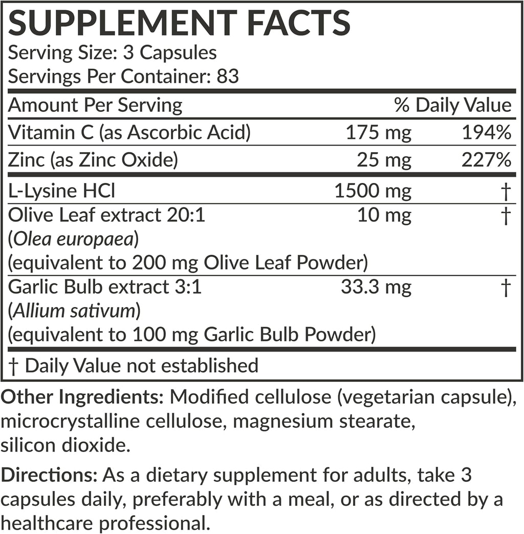 Futurebiotics L-Lysine Defense Immune Support Complex 1500 MG Per Serving with Vitamin C, Zinc, Olive Leaf & Garlic - Non-GMO, 250 Vegetarian Capsules