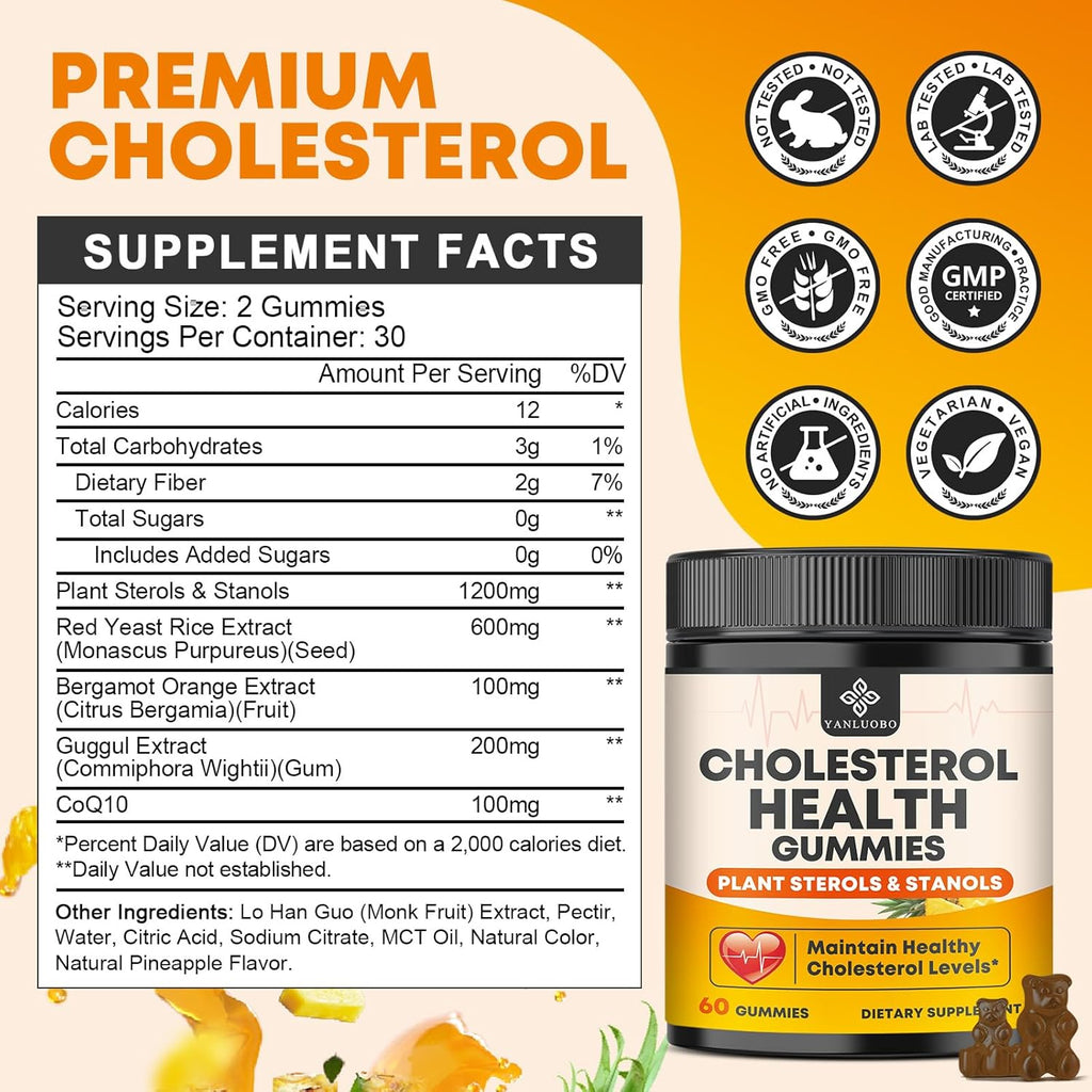 Cholesterol Supplements Gummies, Support Healthy Cholesterol Levels with 1200mg Plant Sterols & Stanols, Bergamot Orange Extract, Red Yeast Rice for Women & Men, Pineapple Flavor, 60 Counts
