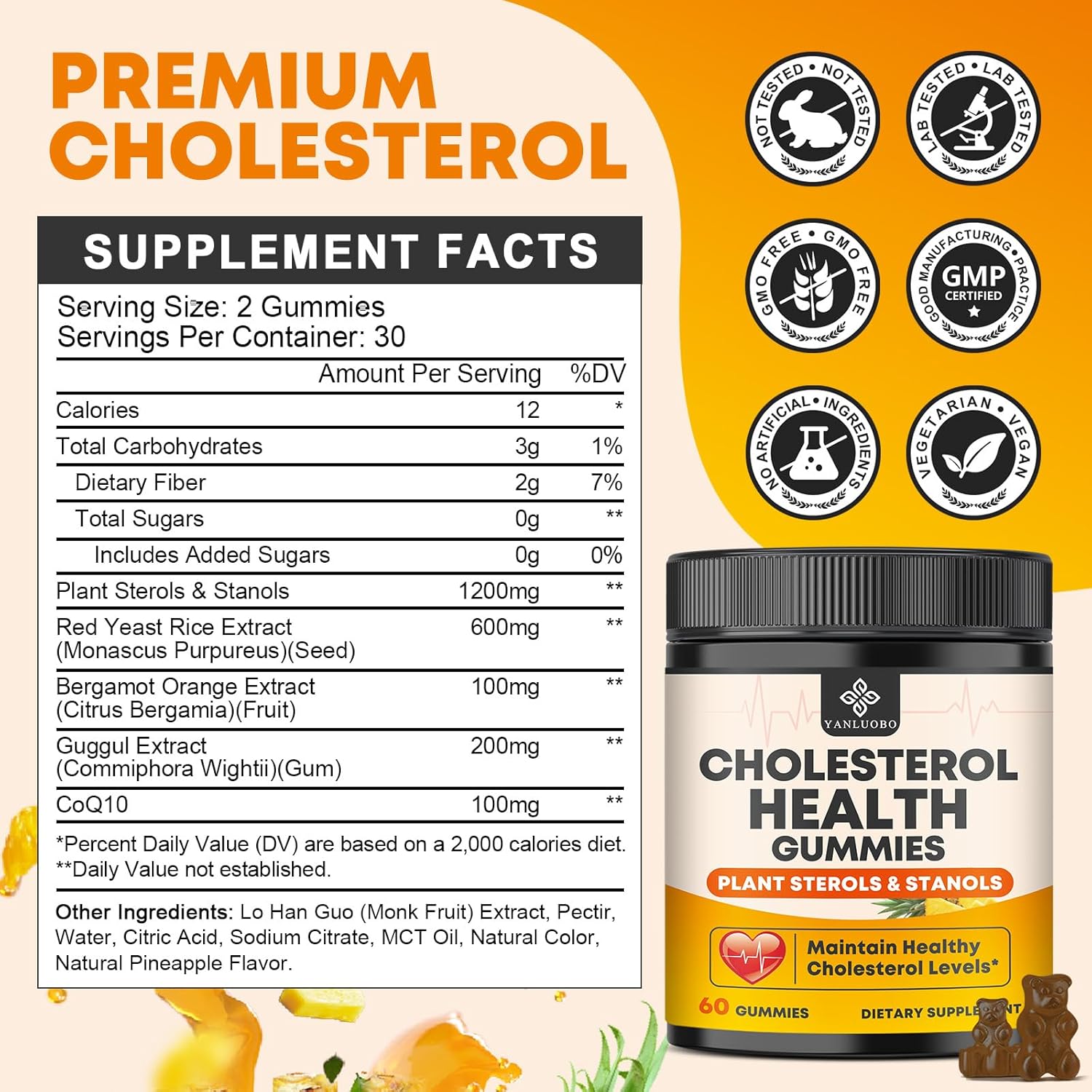 Cholesterol Supplements Gummies, Support Healthy Cholesterol Levels with 1200mg Plant Sterols & Stanols, Bergamot Orange Extract, Red Yeast Rice for Women & Men, Pineapple Flavor, 60 Counts