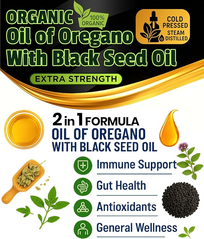Oil Of Oregano With Black Seed Oil - 400 Servings, 2 in 1 Wild Oregano Oil with Black Seed Oil Drops, Organic Supplement, Alternative to Oregano and Black Seed oil Gel Capsules, Non-GMO, Vegan