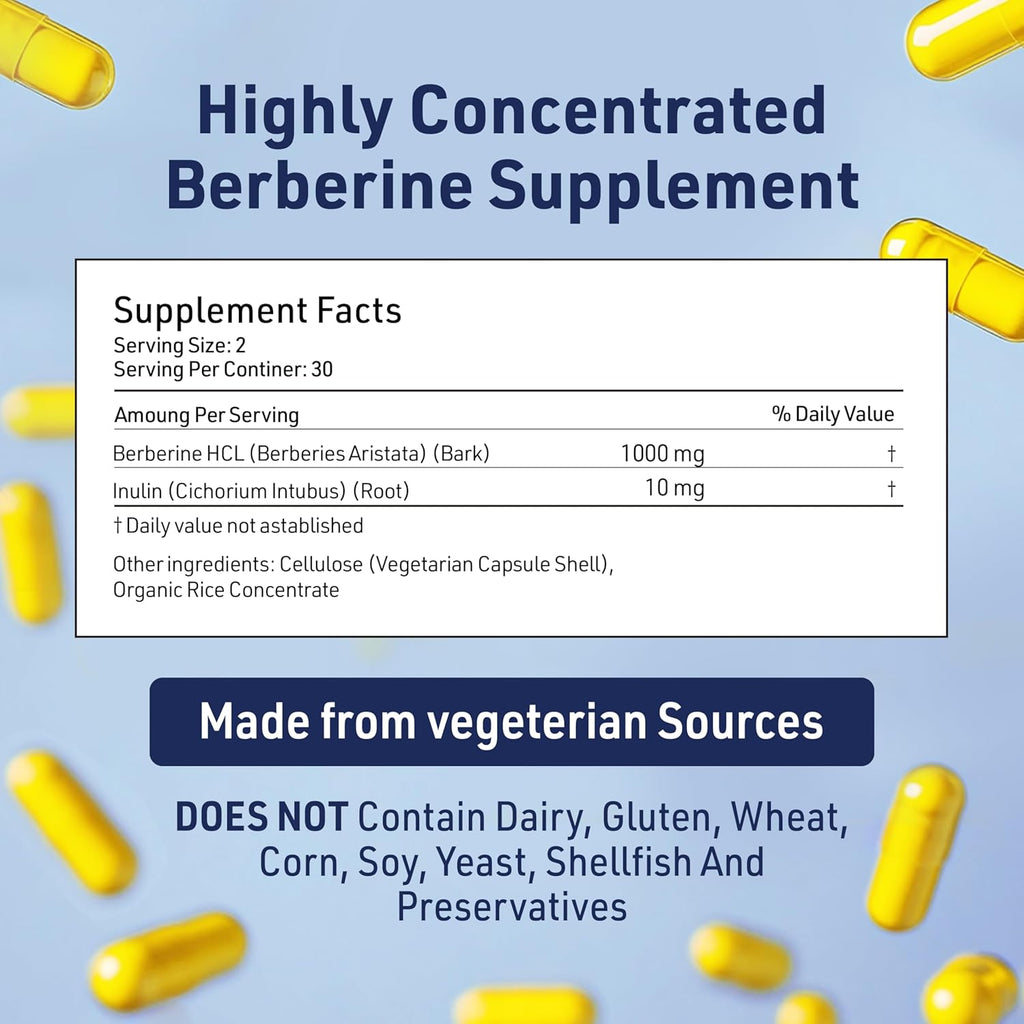 Berberine 1000mg Supplement Complex with Inulin Prebiotic - Berberine 500mg per Capsule - Doctor Formulated Supplements for High Absorption from a Doctor-Owned Brand.