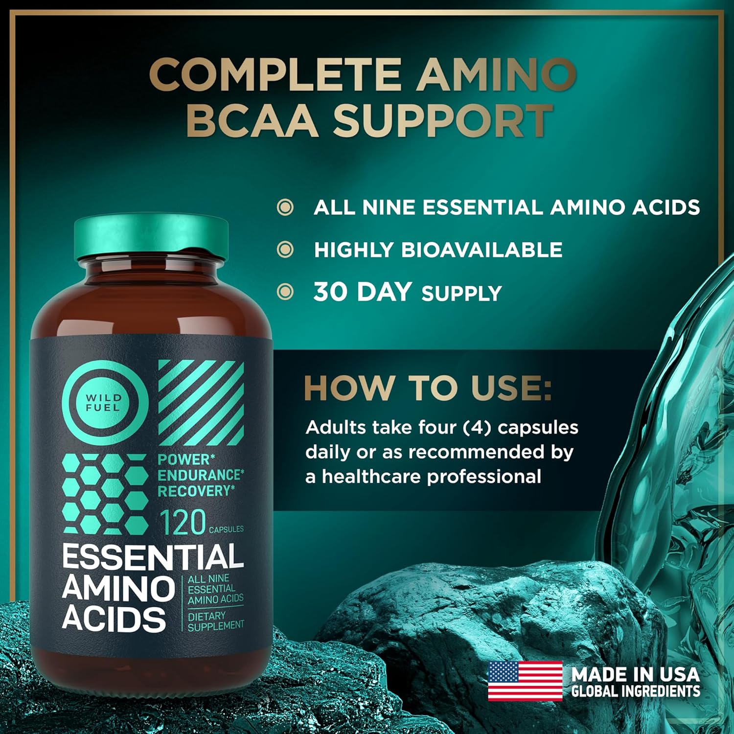 WILD FUEL Essential Amino Acids Supplement for Women and Men - All 9 BCAAs Amino Acid Complex for Power and Recovery - EAA Lysine, Tryptophan, Isoleucine - 2 Pack 240 Vegan BCAA Capsules