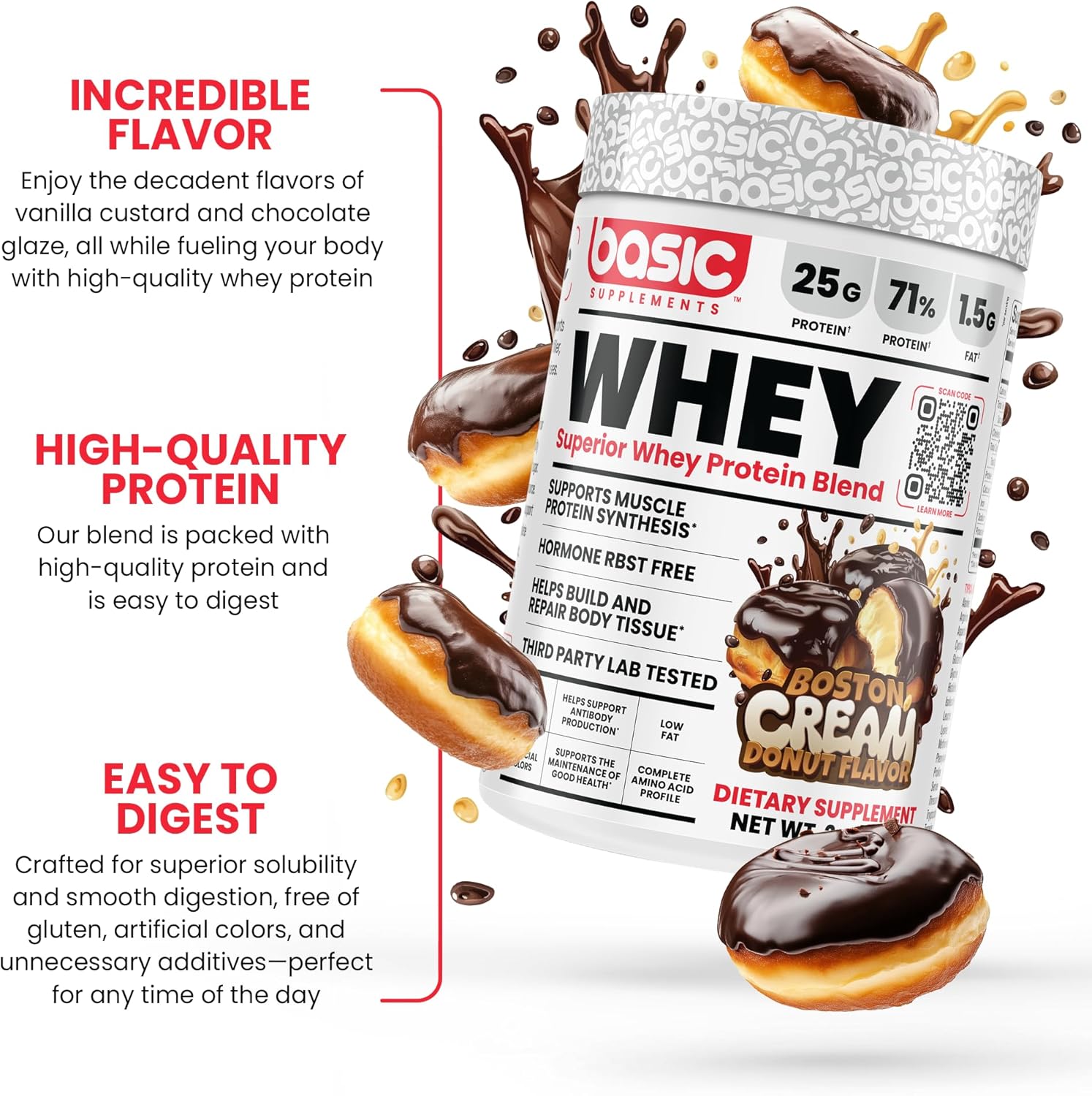 Whey Protein Powder, 25g Protein, Complete Amino Acid Profile, Gluten-Free, Low Fat, RBST-Free, Supports Muscle Recovery & Antibody Health (2 Pound, Boston Cream Donut)